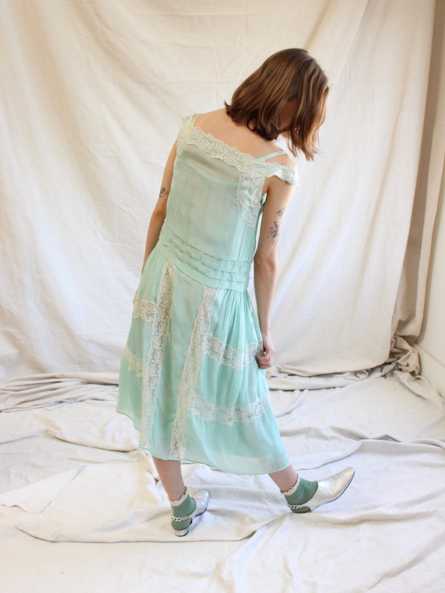 1920s Insertion Lace Mint Chiffon Day Dress