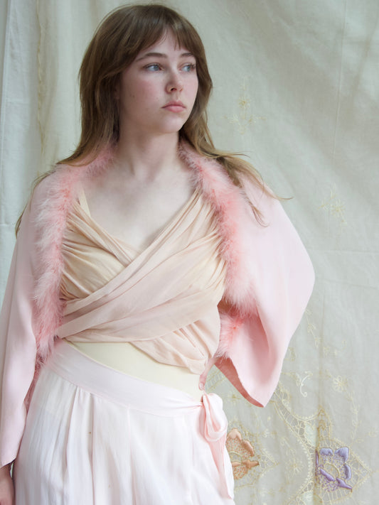 1930s Soft Pink Crepe, Chiffon & Marabou Trim Tie front Bolero