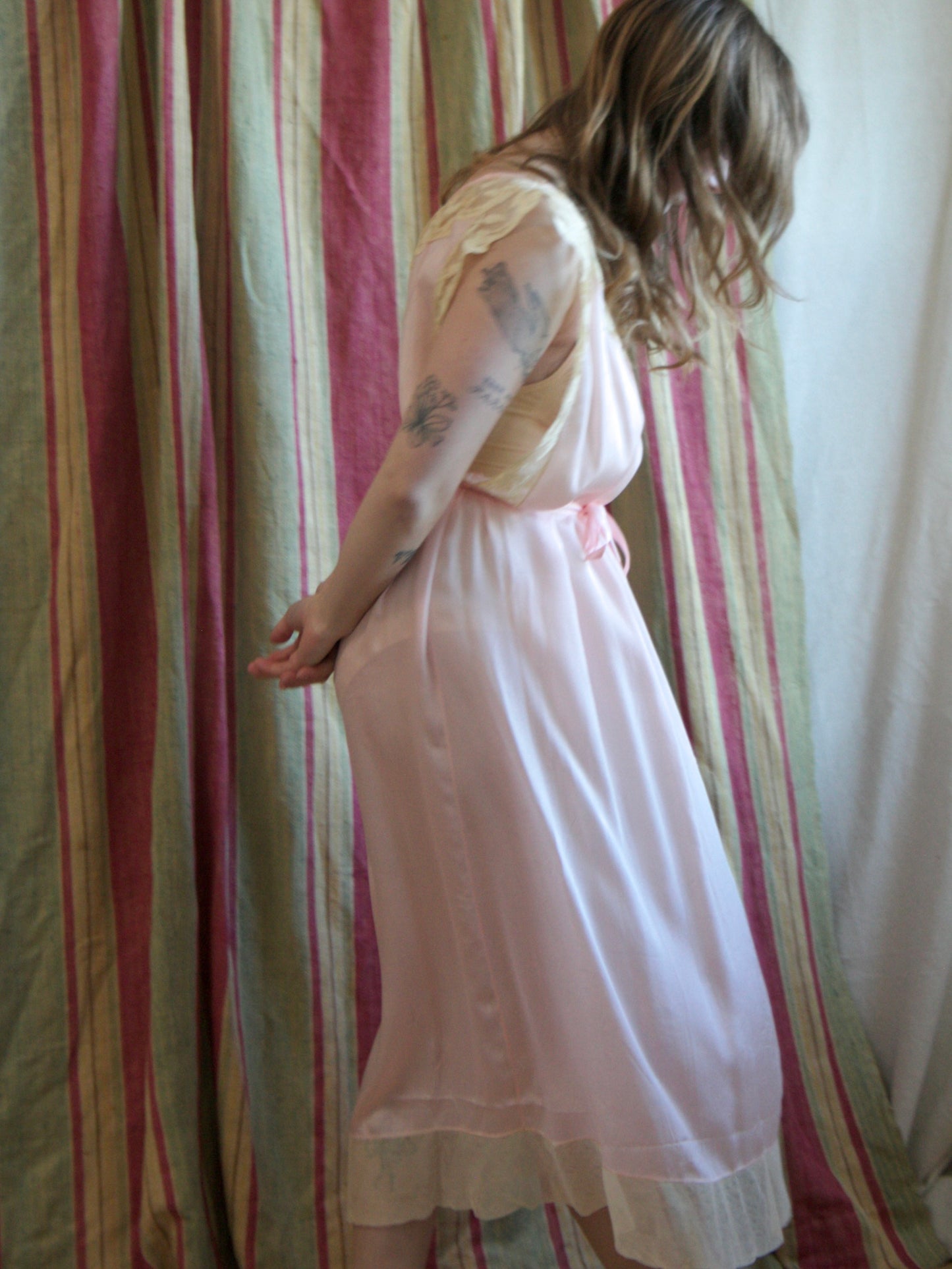 Antique 1920s Pale Pink Pin-tuck Silk Ecru Lace Slip Dress