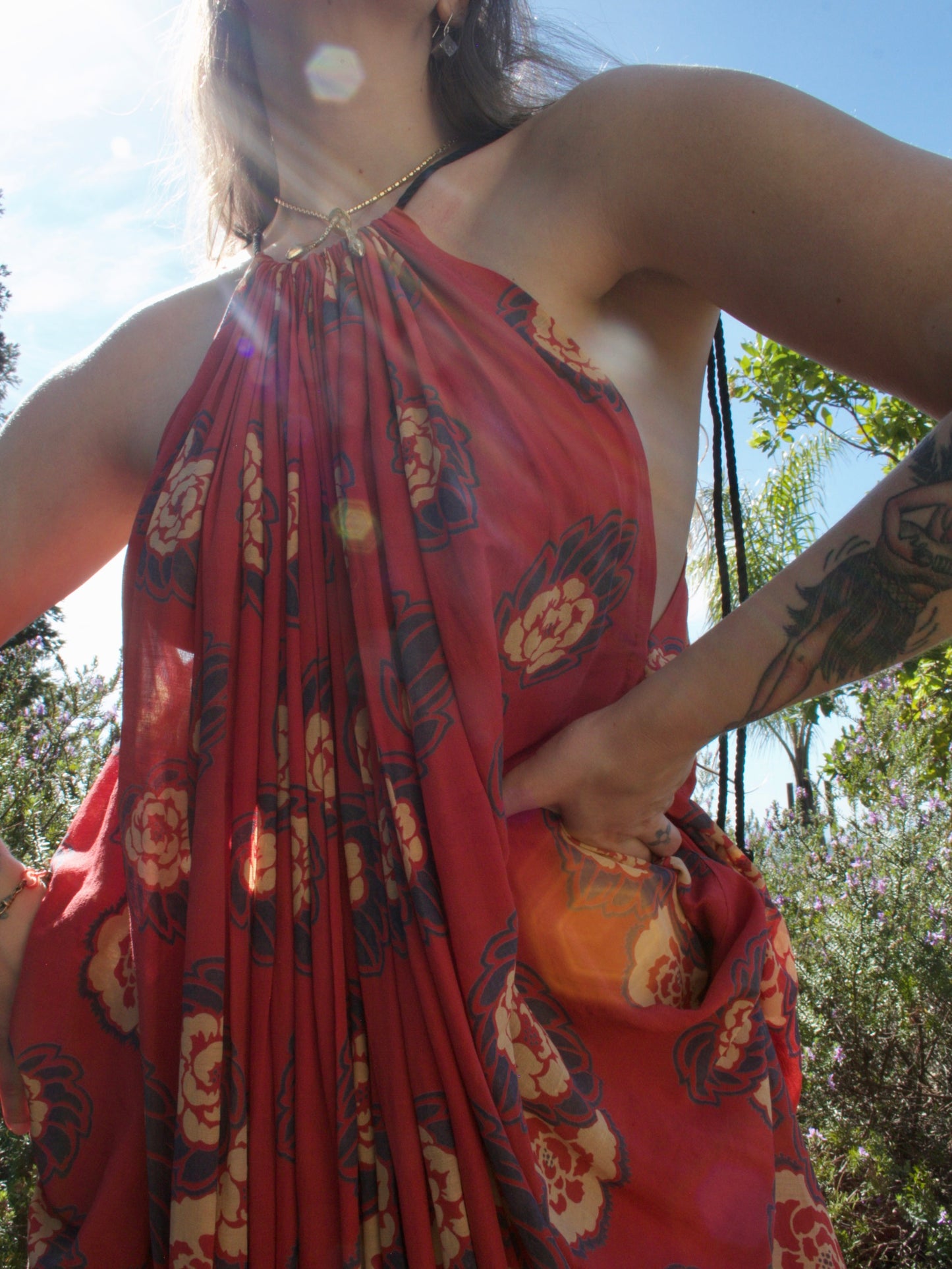 Antique Turkey Red Woven Silk Floral Print Drawstring Dress