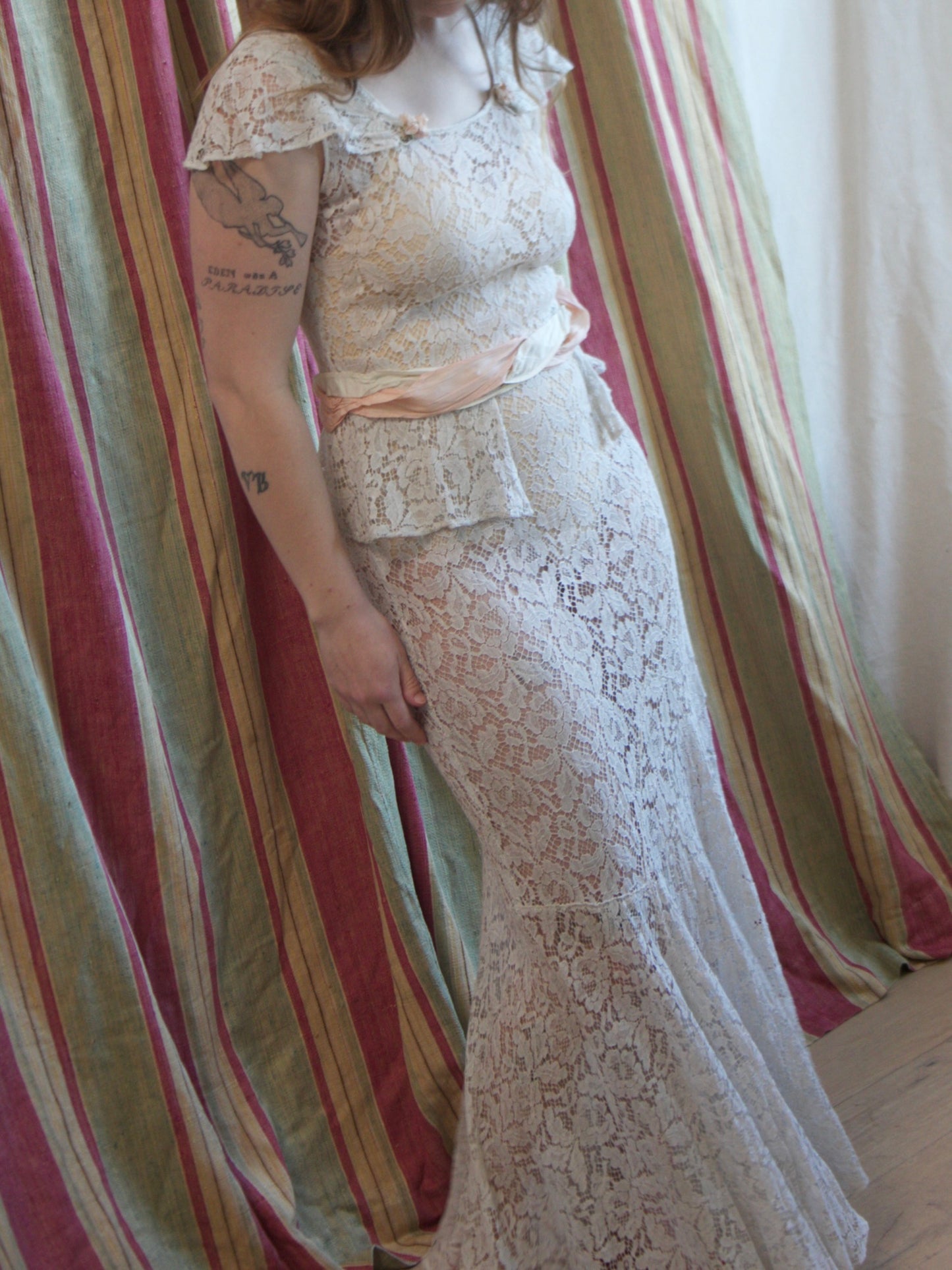 1930s Ivory Lace Ribbonwork Rosette Peplum Bias Cut Gown