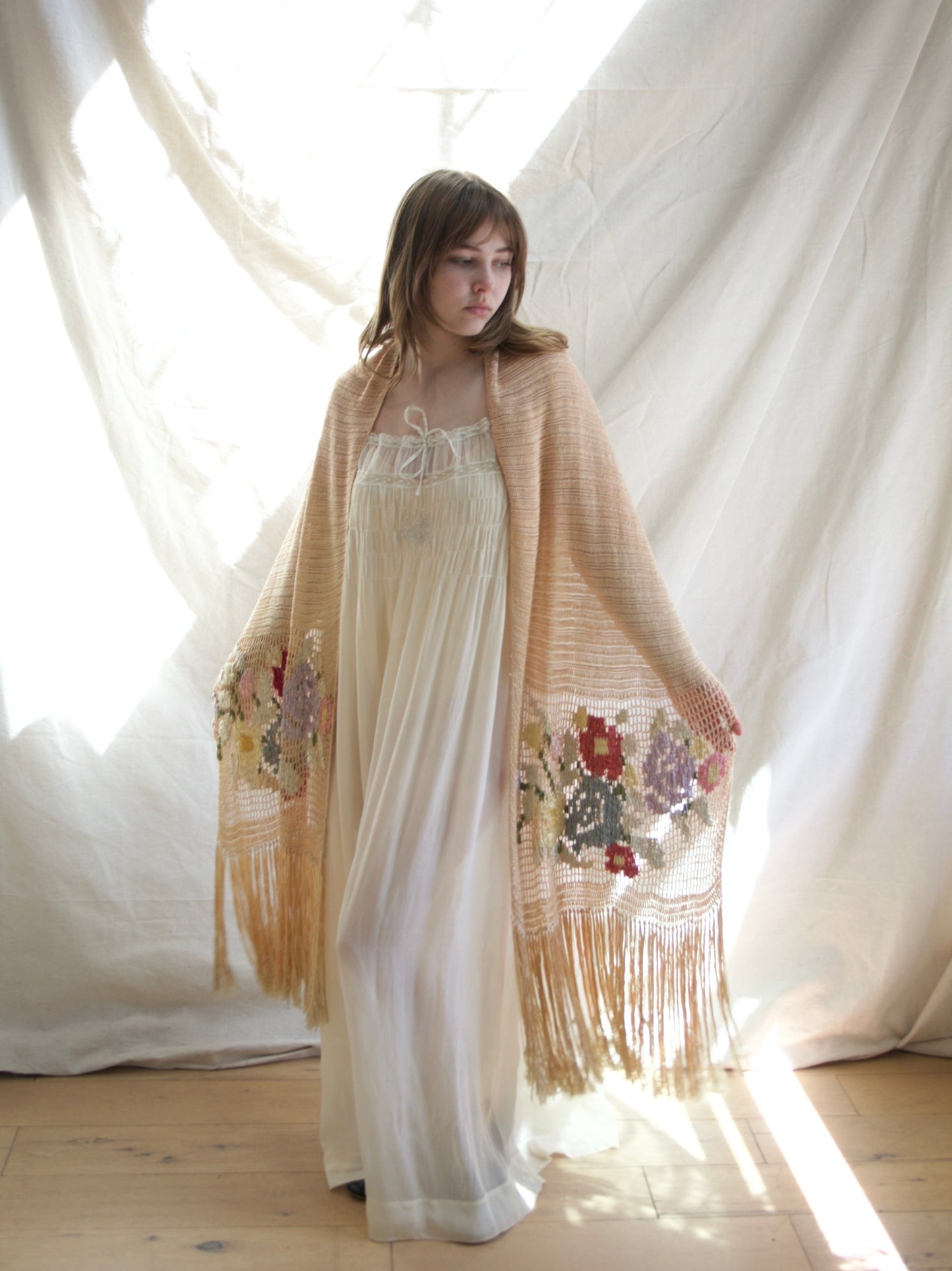 1930s Austrian Silk Crochet Floral Fringe Shawl