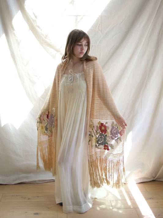 1930s Austrian Silk Crochet Floral Fringe Shawl