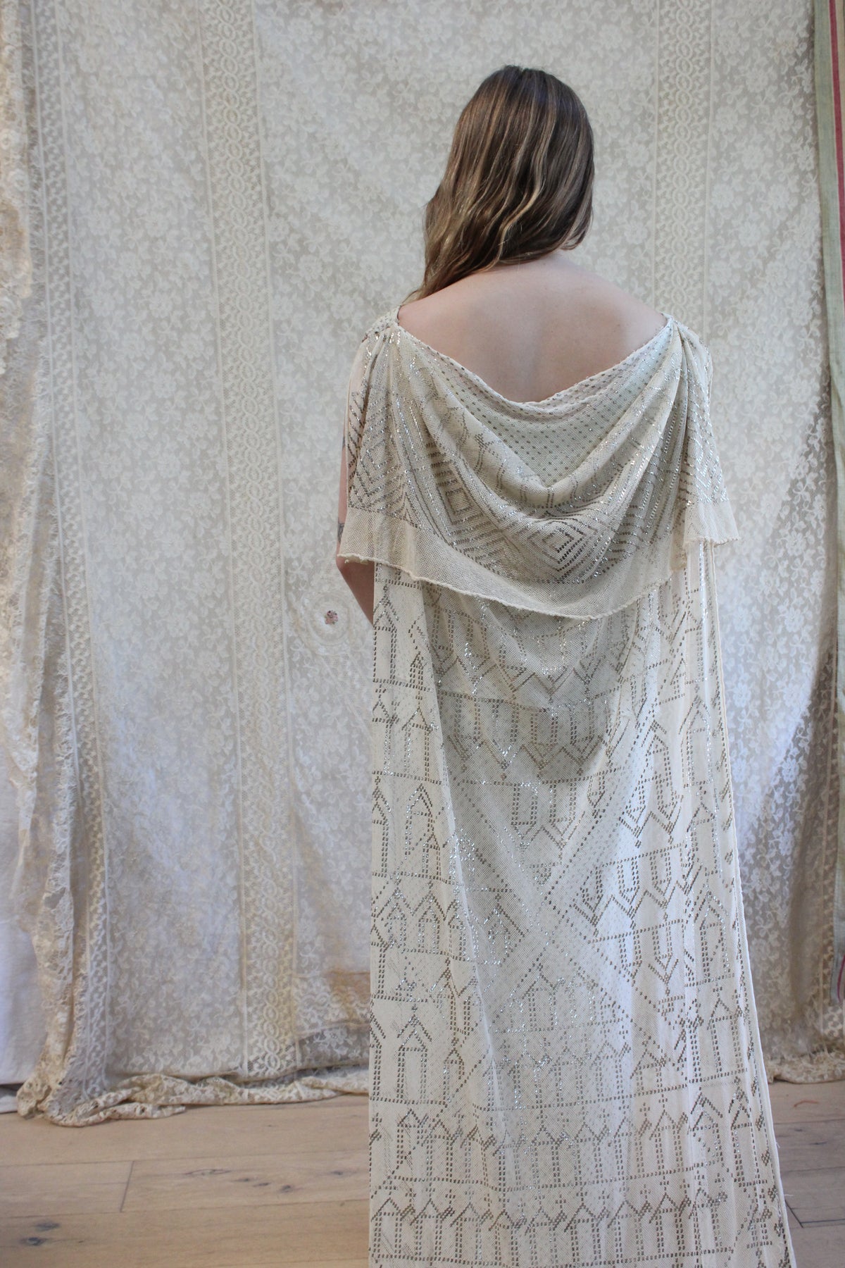 Antique 1920s Assuit Grecian Draped Back Trained Bridal Gown