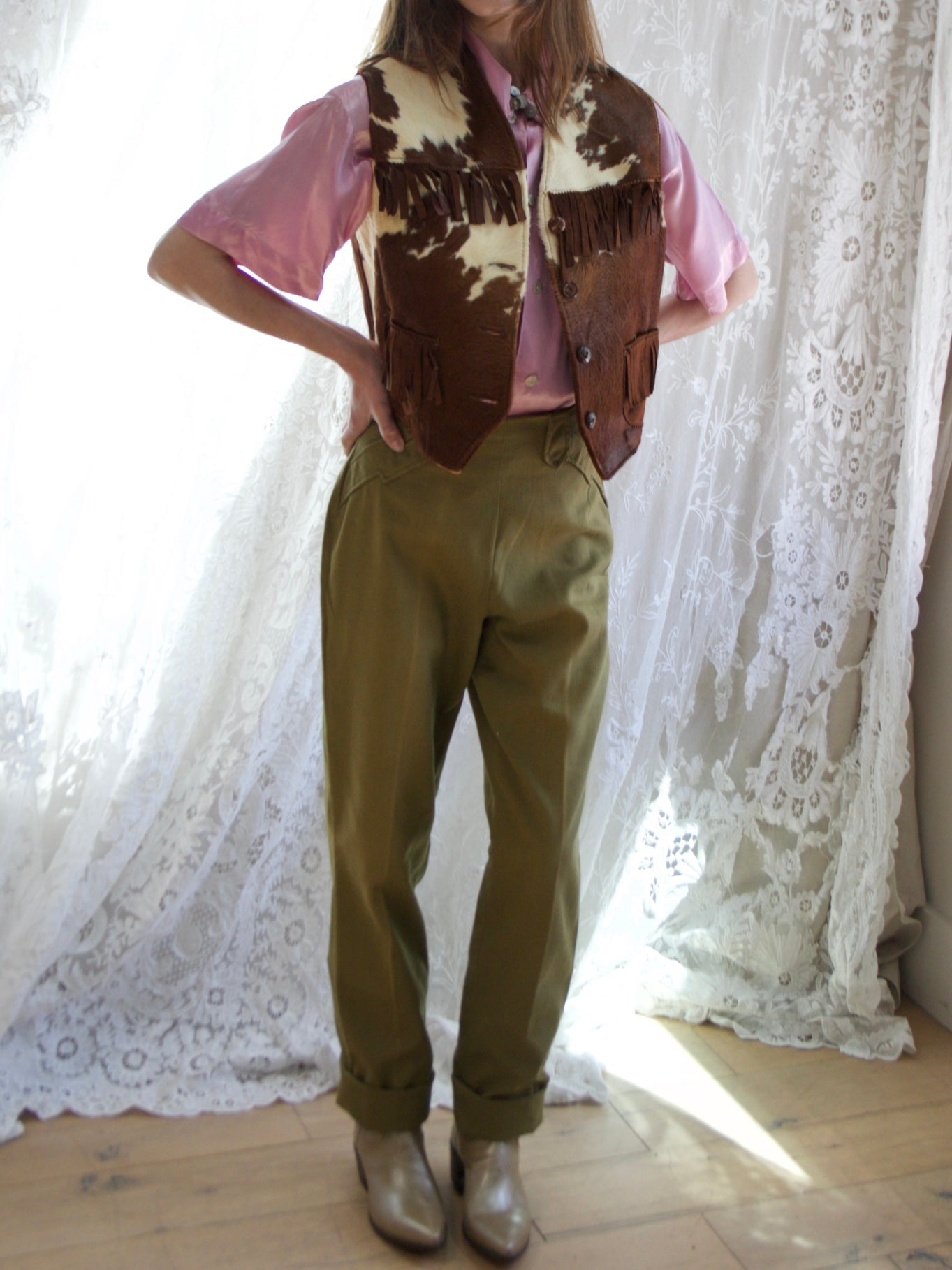 1950s Panhandle Slim Pea Green Western Yoke Side Zips