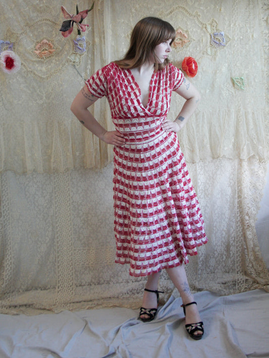 1950s Red/ White Crochet Knit Dress
