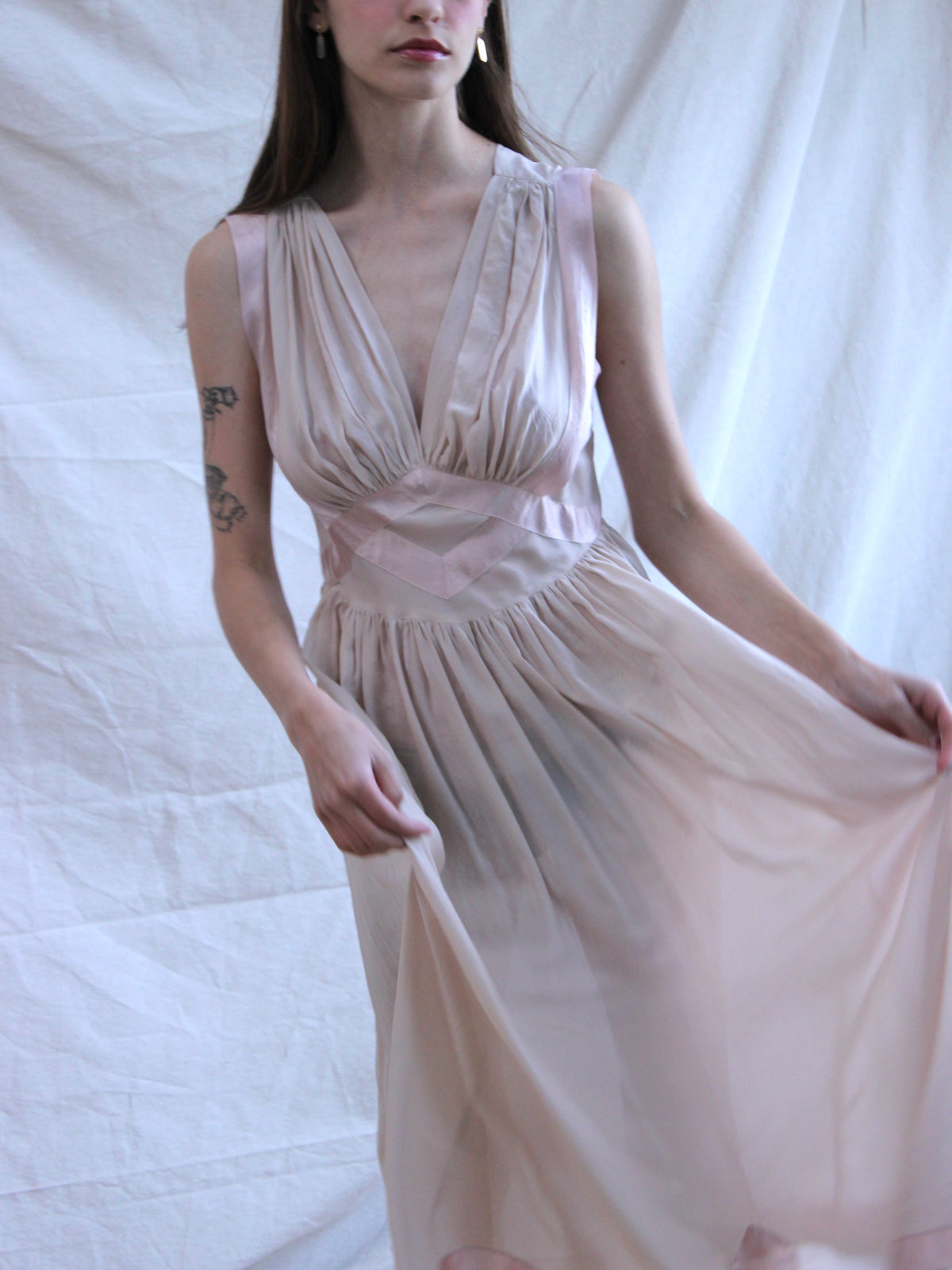 1940s Silk Fischer Two Tone Ruched Lingerie Gown