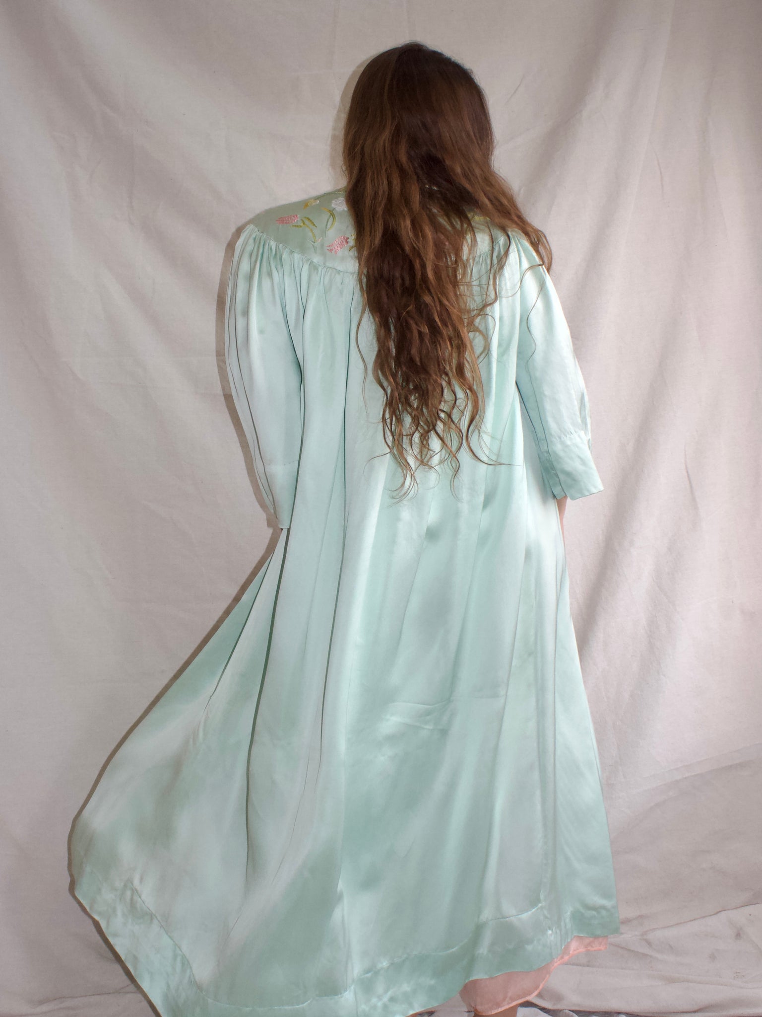 1940s Bell Sleeve Seafoam Tie Front Satin Peignoir Chenille Embroidery