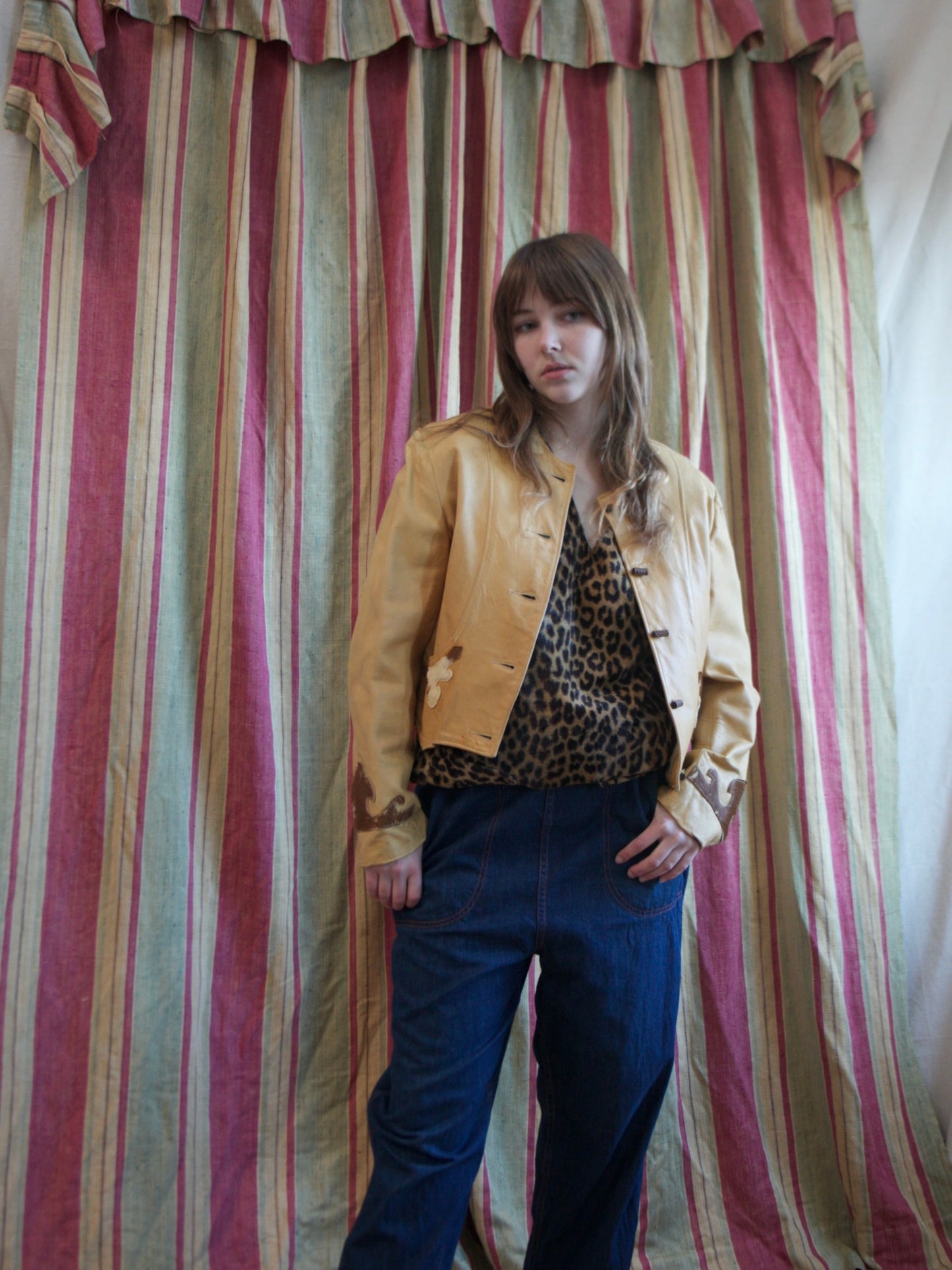 1940s Western Cognac Leather Pony Hair Yoke Jacket