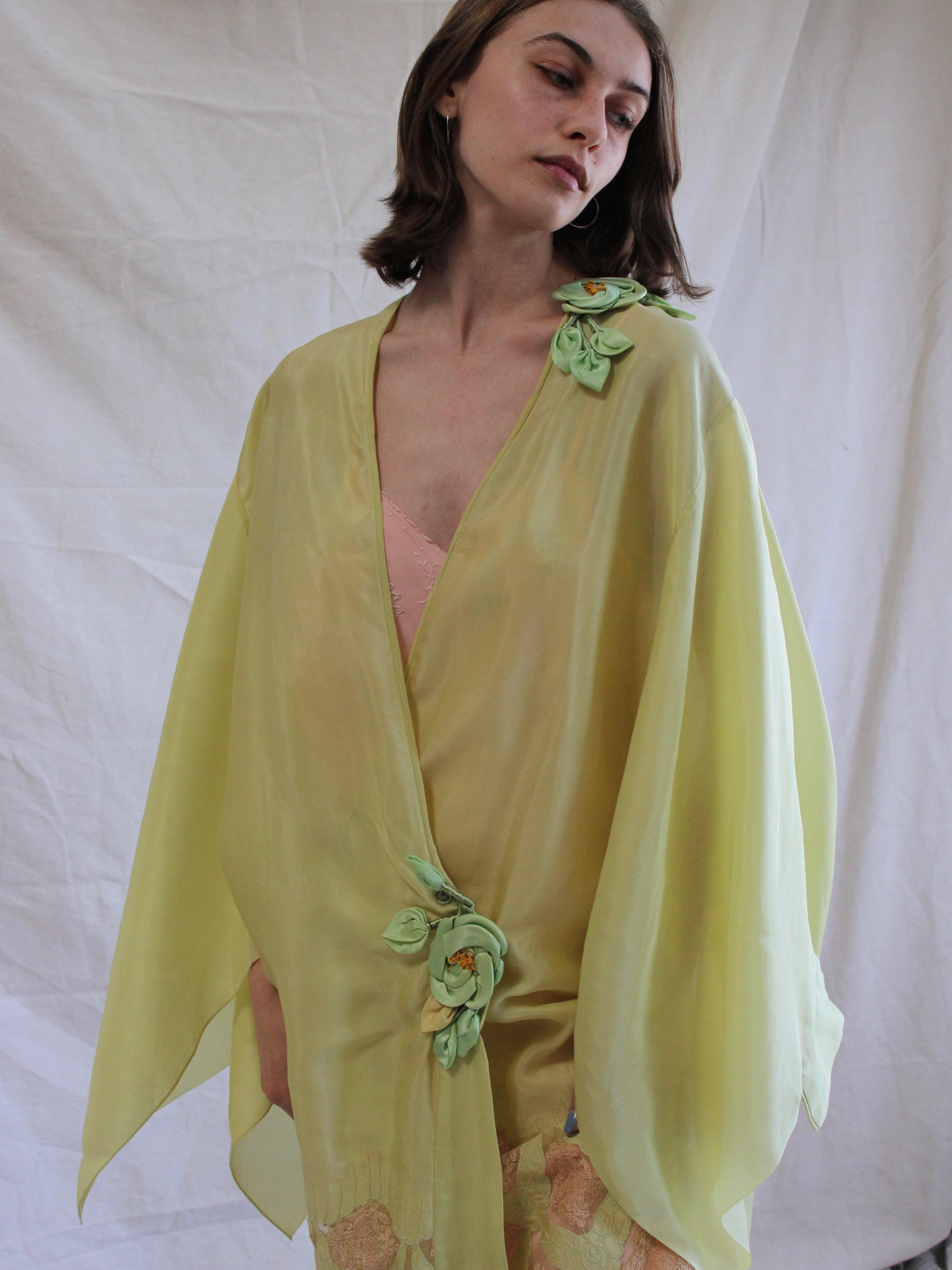 Antique 1920s Vibrant Chartreuse Silk Ribbon-work Kimono Sleeve Boudoir Robe