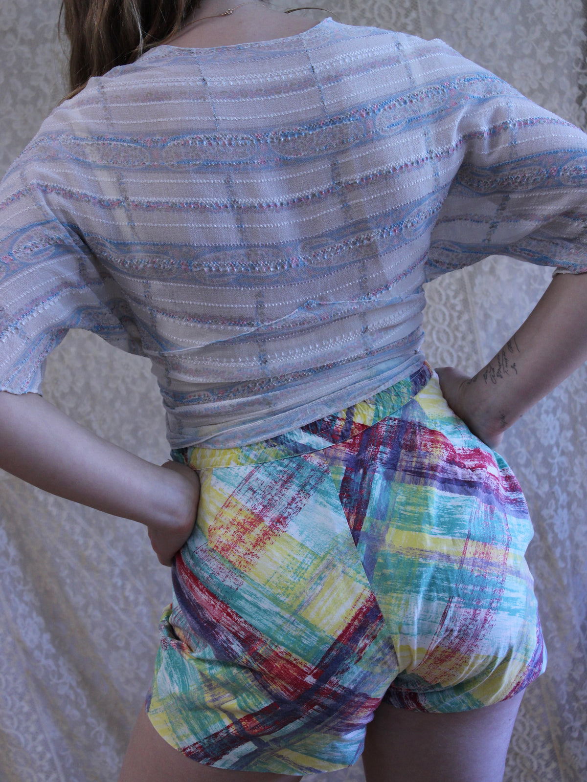 1950s Multicolor Cotton Side Button/ Zip Tie Waist Shorts