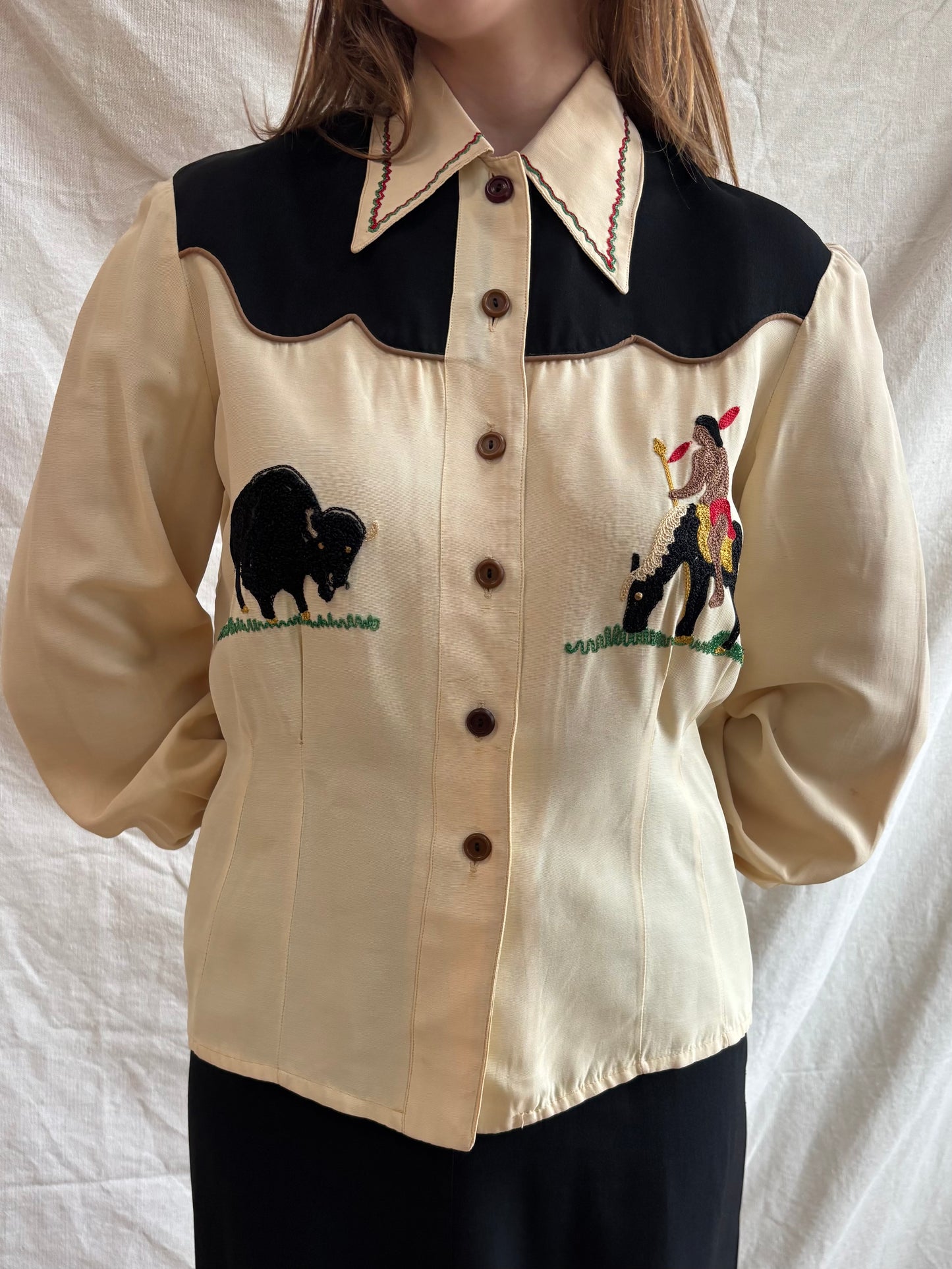 1940s 2PC Western Rayon Gab Chain-stiched Skirt Blouse Set