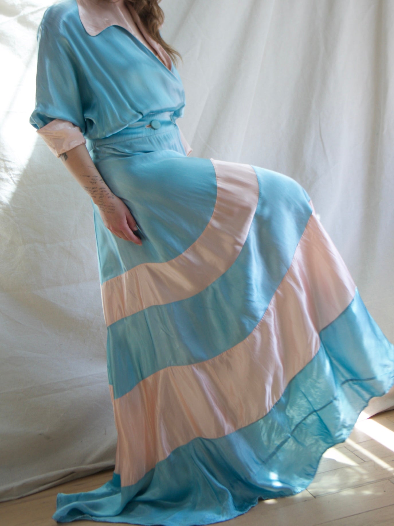1940s Trained Candy Colored Liquid Rayon Satin Gown