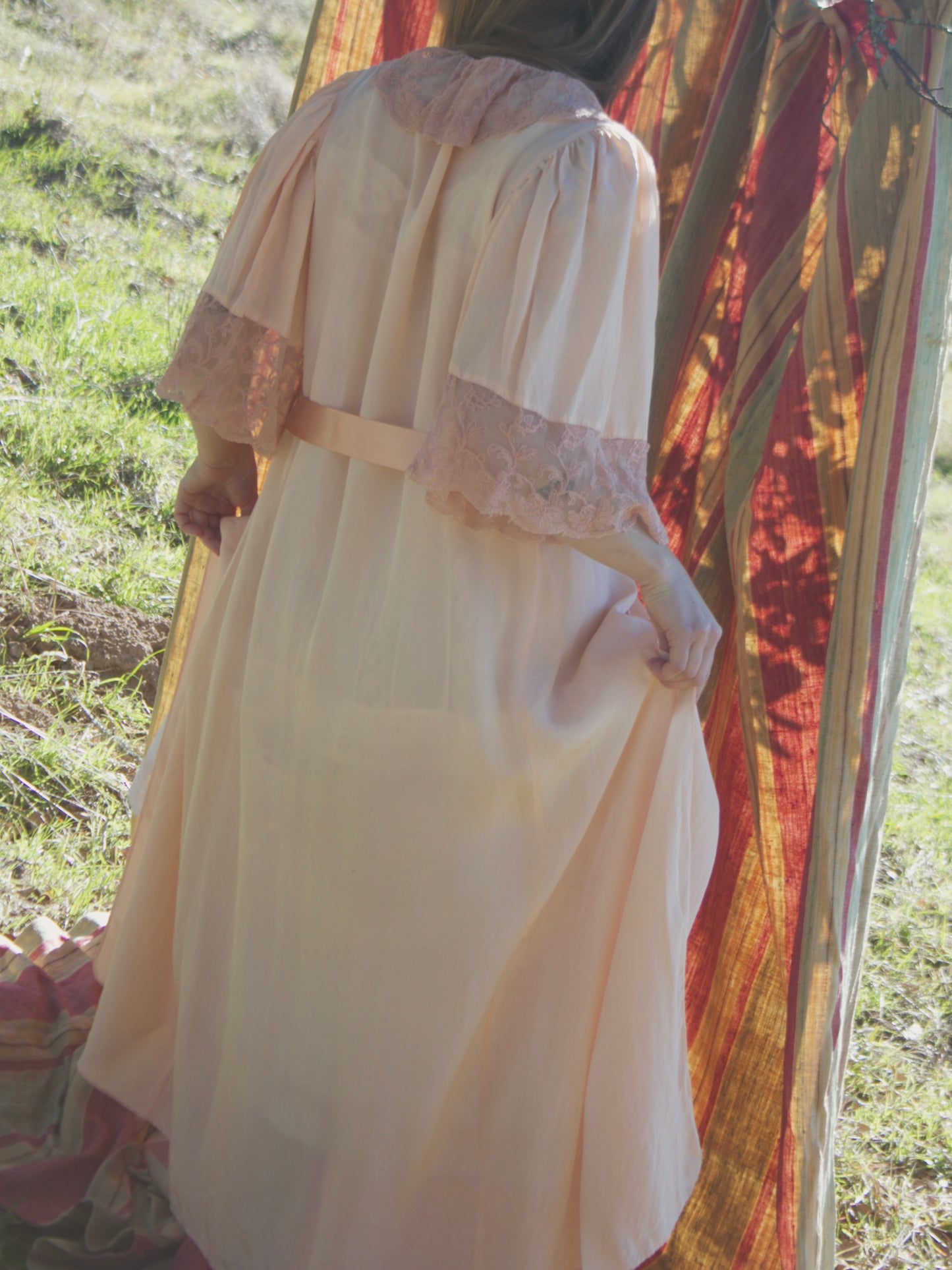 1930s Flutter Sleeve Tambour Lace Trim Wrap Robe