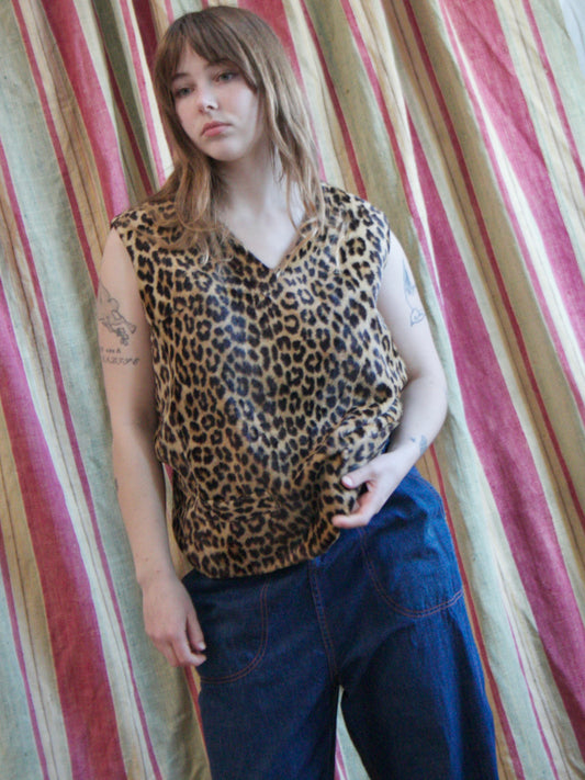 1950s Leopard Print Faux Fur Vest Blouse