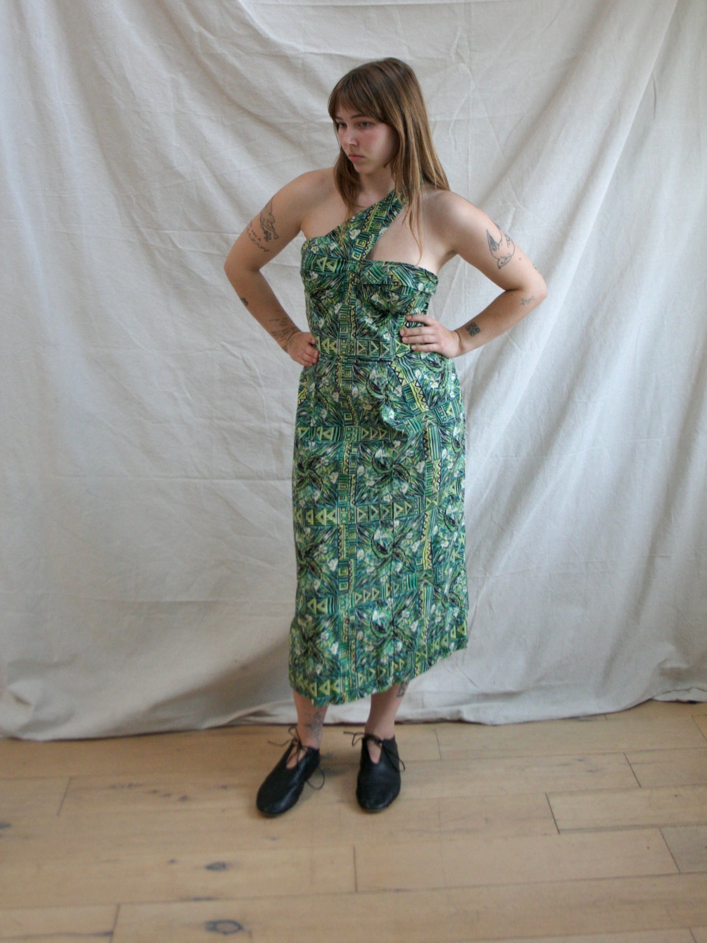 1950s Hawaiian One Shoulder Cotton Dress