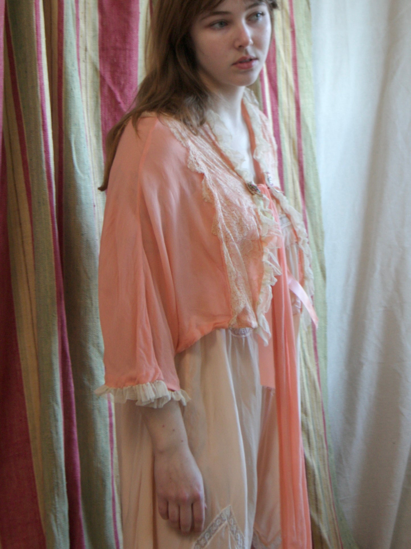 1930s Crepe Chiffon & Ecru Lace Ribbonwork Tie Jacket