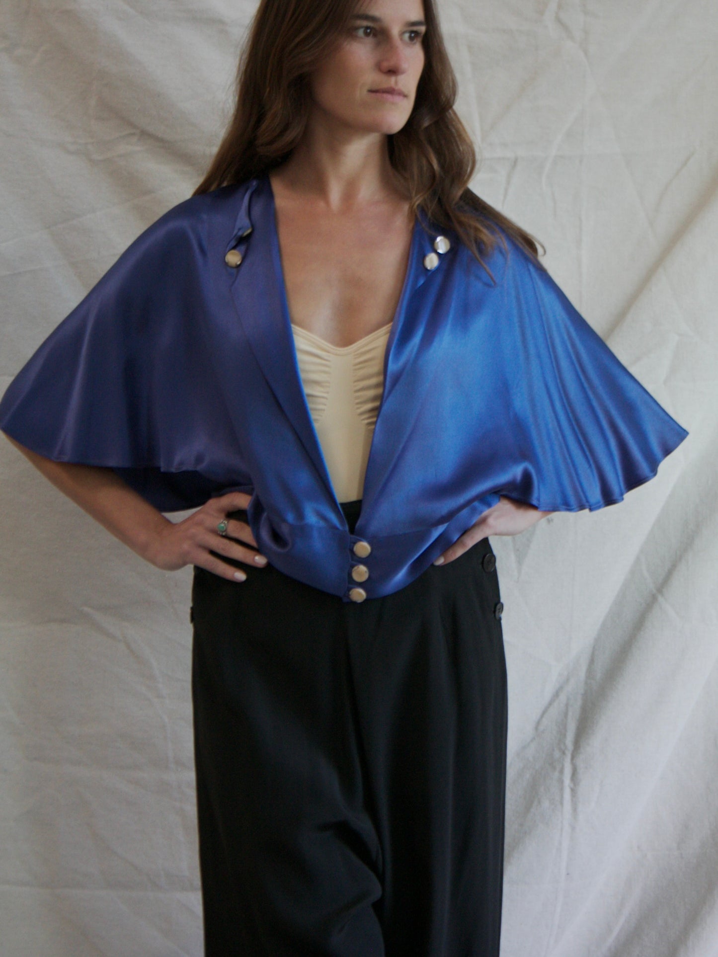 1930s Cobalt Blue Silk Plunging Open Side Capelet Blouse