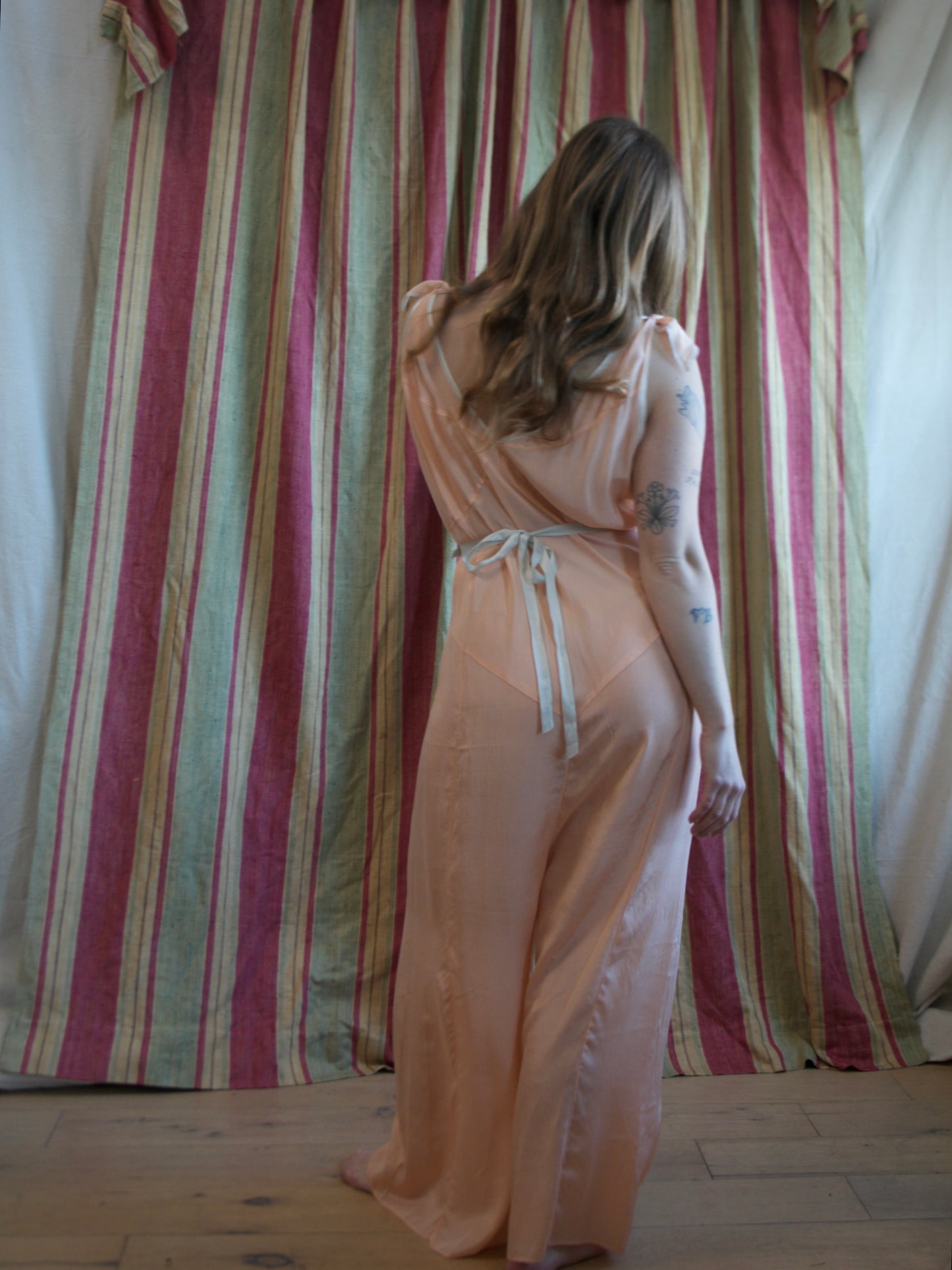 1930s Petal Pink Silk & Baby Blue Trim Tie Shoulder Palazzo Jumpsuit