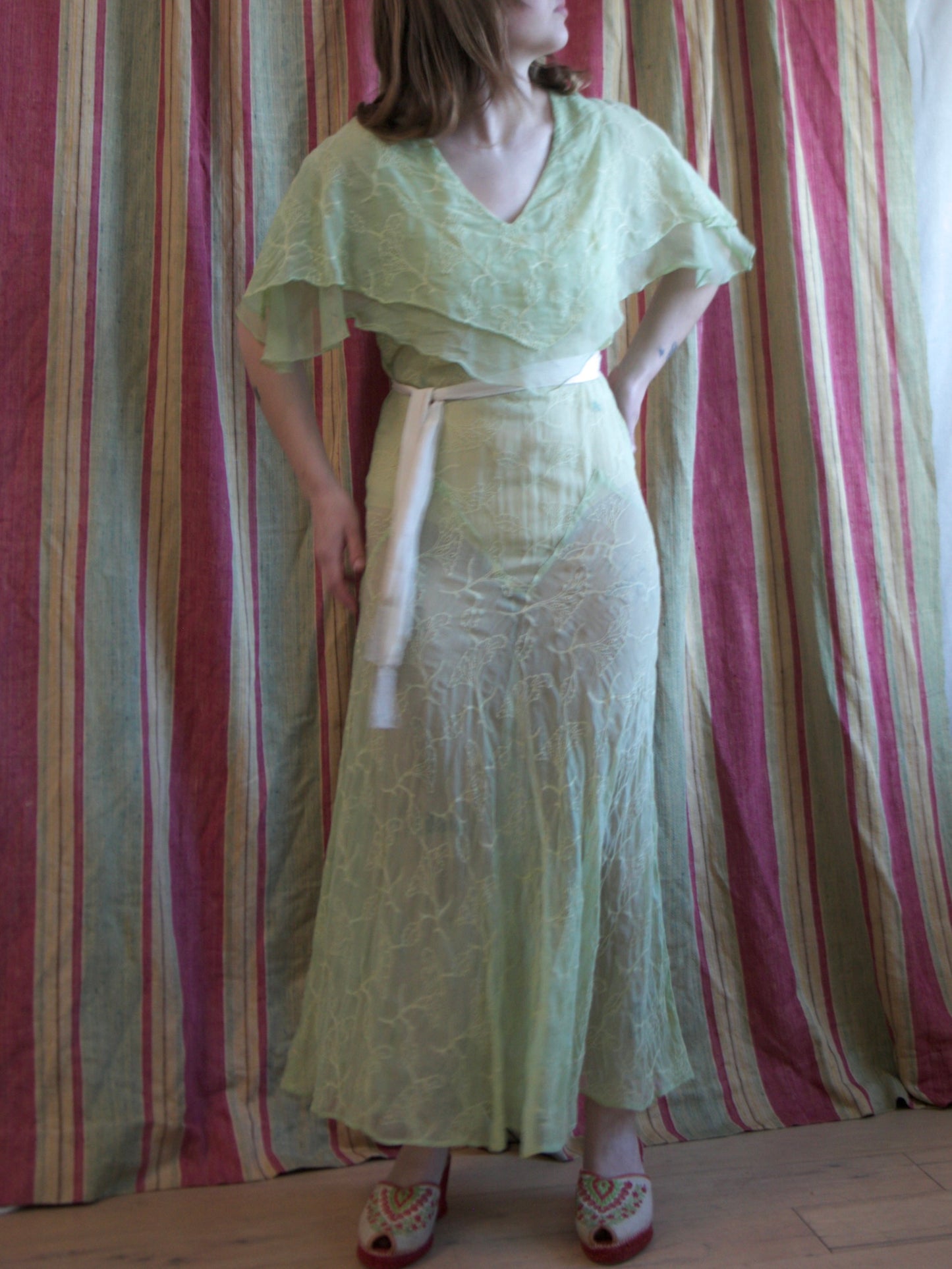 1930s Lime Embroideed Silk Chiffon Capelet Bias Cut Gown