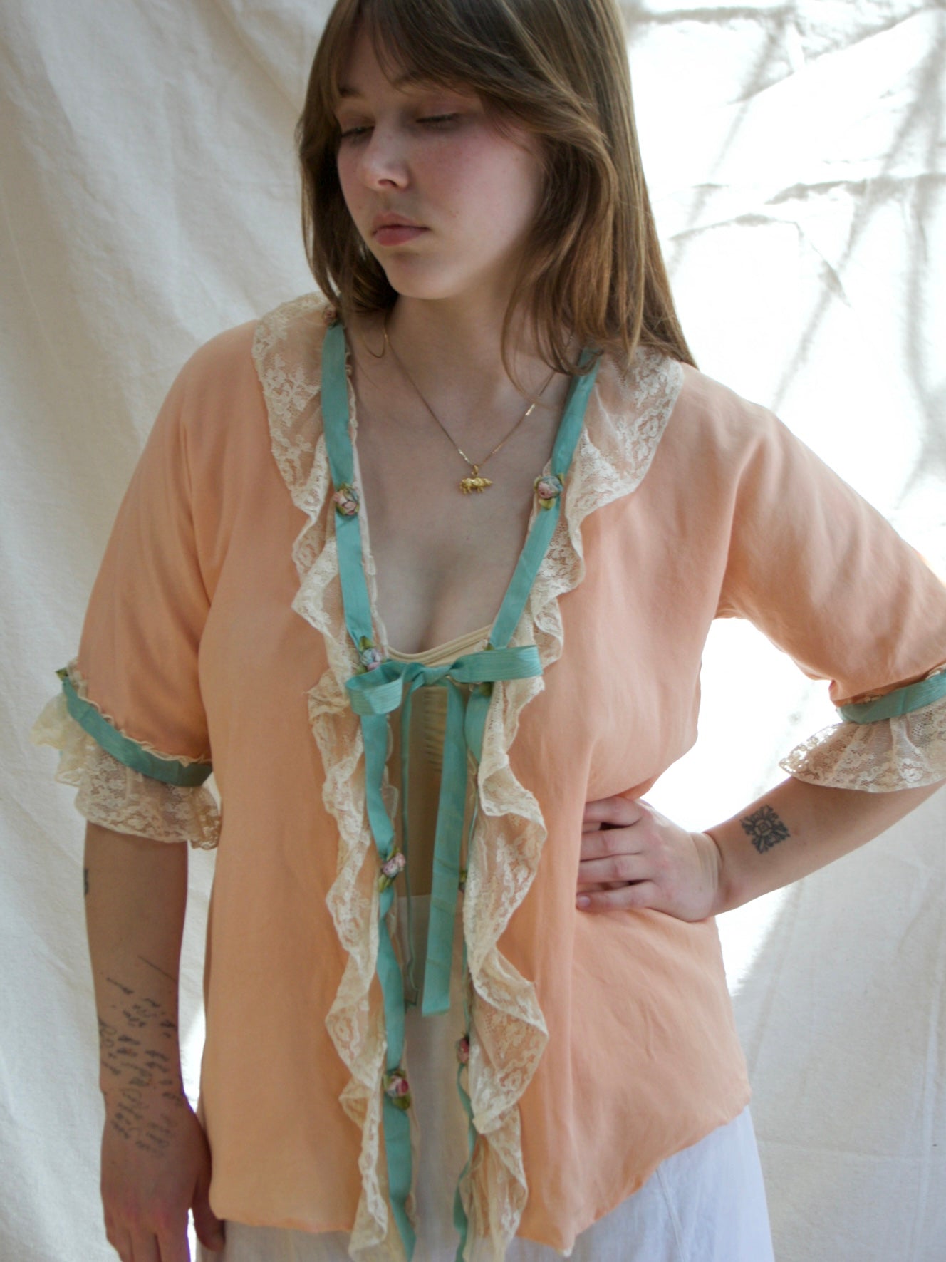Special 1930s Silk Crepe Lace Trim Boudoir Jacket W* Rosettess/Ribbons
