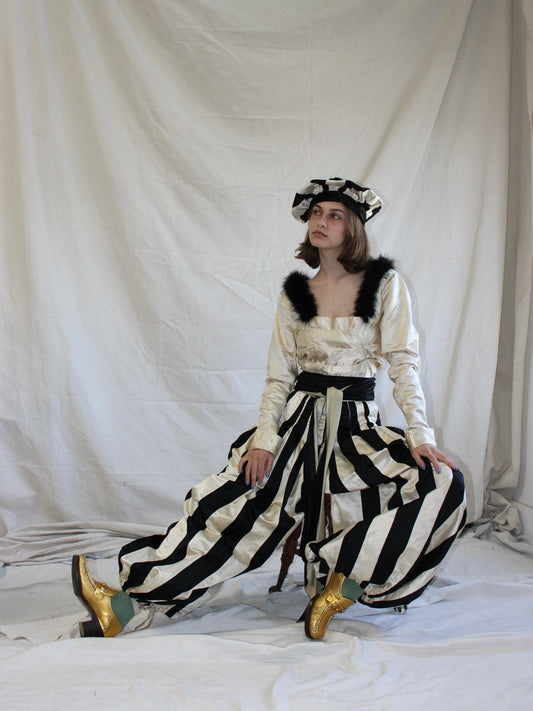 One Of A Kind Antique 1910s B&W Satin 4 Piece Mardi Gras Harem Pant Jumpsuit Ensemble