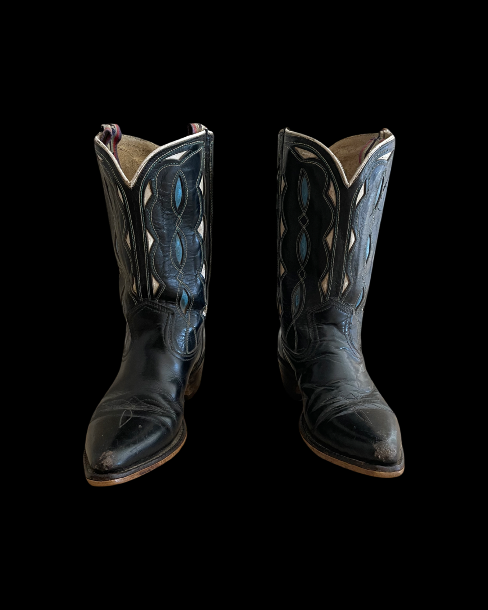 1950s/ 1960s Inlay Black Leather Pull Tab Cowboy Boots