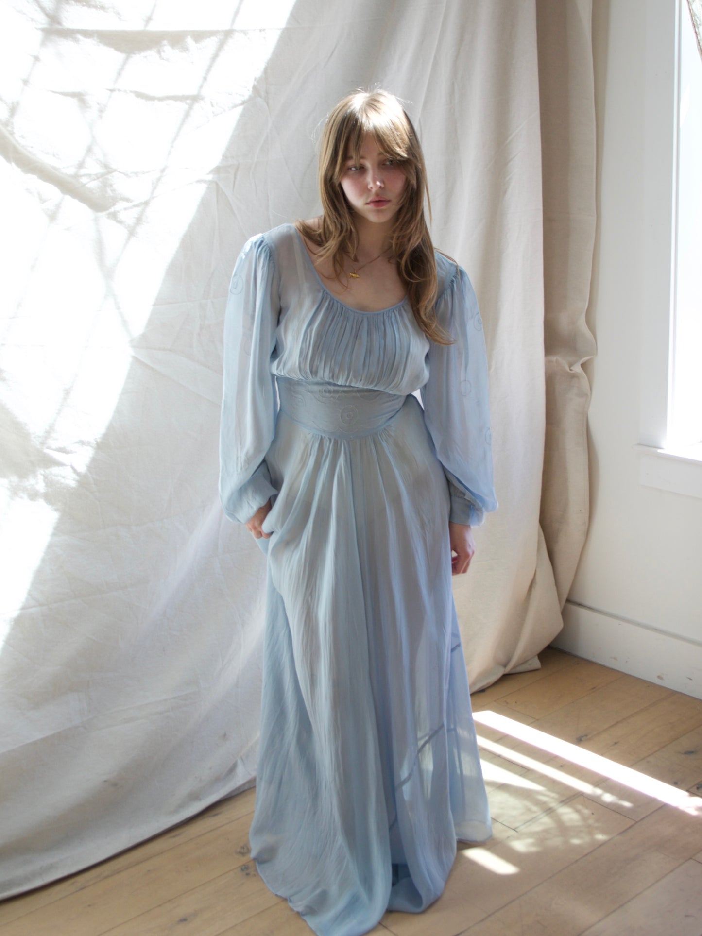 1930s Balloon Sleeve Baby Blue Sheer Gown