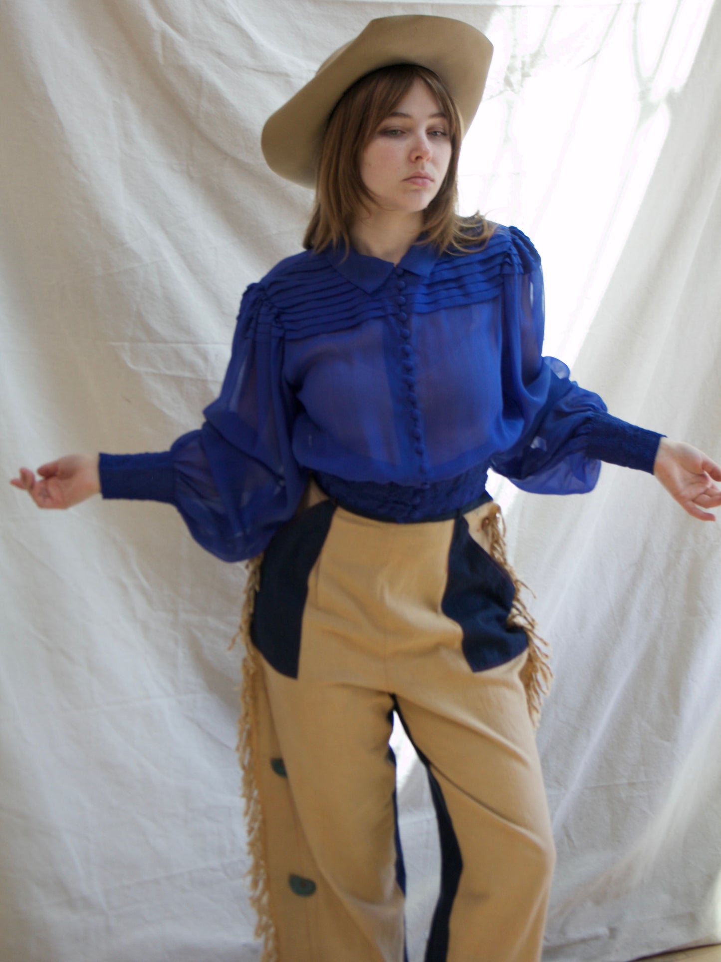 1930s Cobalt Chiffon Bishop Sleeve Smocked Blouse