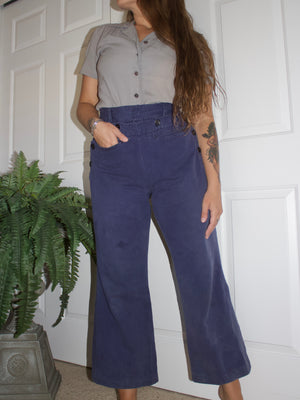 1940s European Indigo Cotton Fall Front Side Buckle Sailor Pants