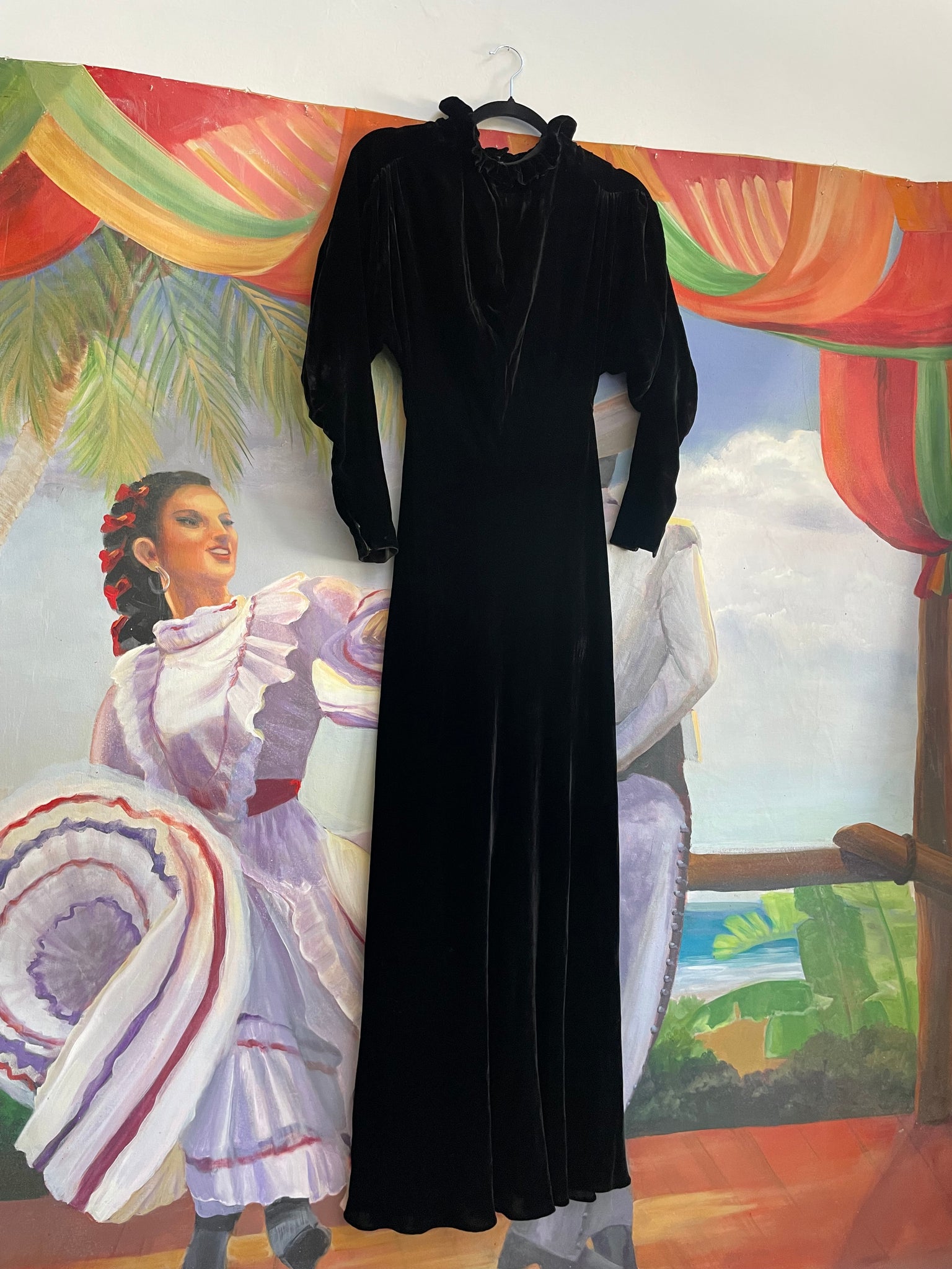 1930s Inky Black High Neck Silk Velvet Dolman Sleeve Keyhole Gown