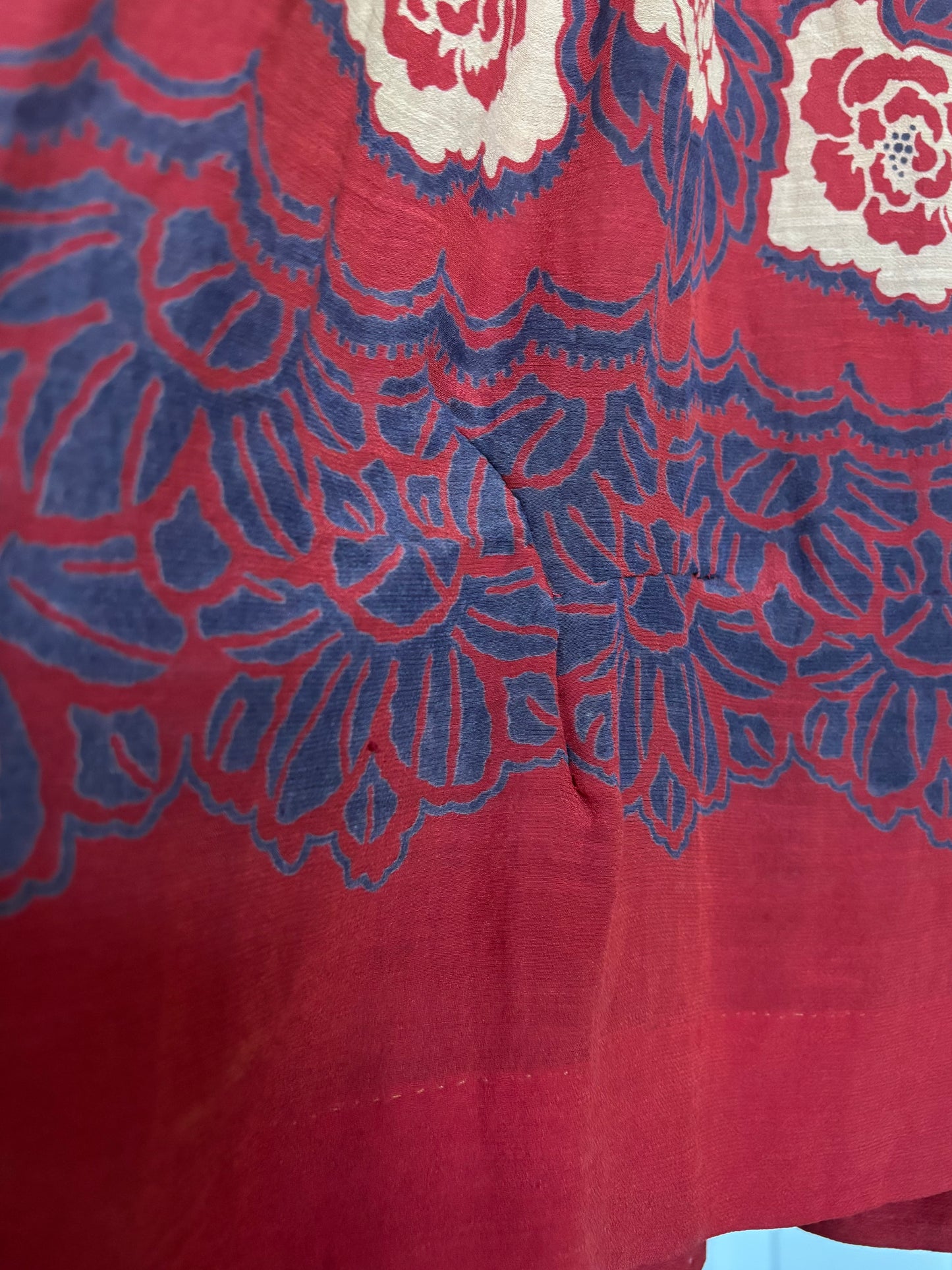 Antique Turkey Red Woven Silk Floral Print Drawstring Dress
