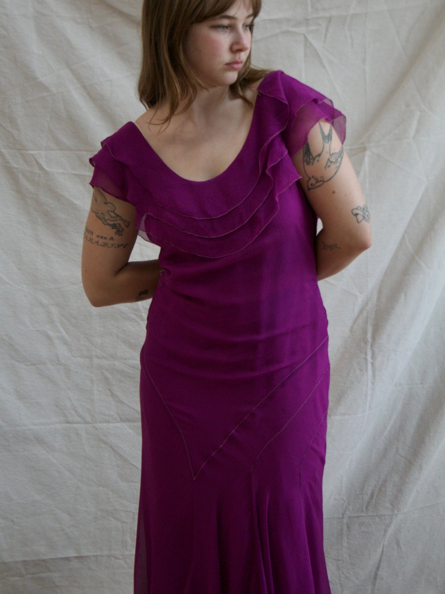 1930s Crinkle Chiffon Silk Fuchsia Plum Bias Cut Gown