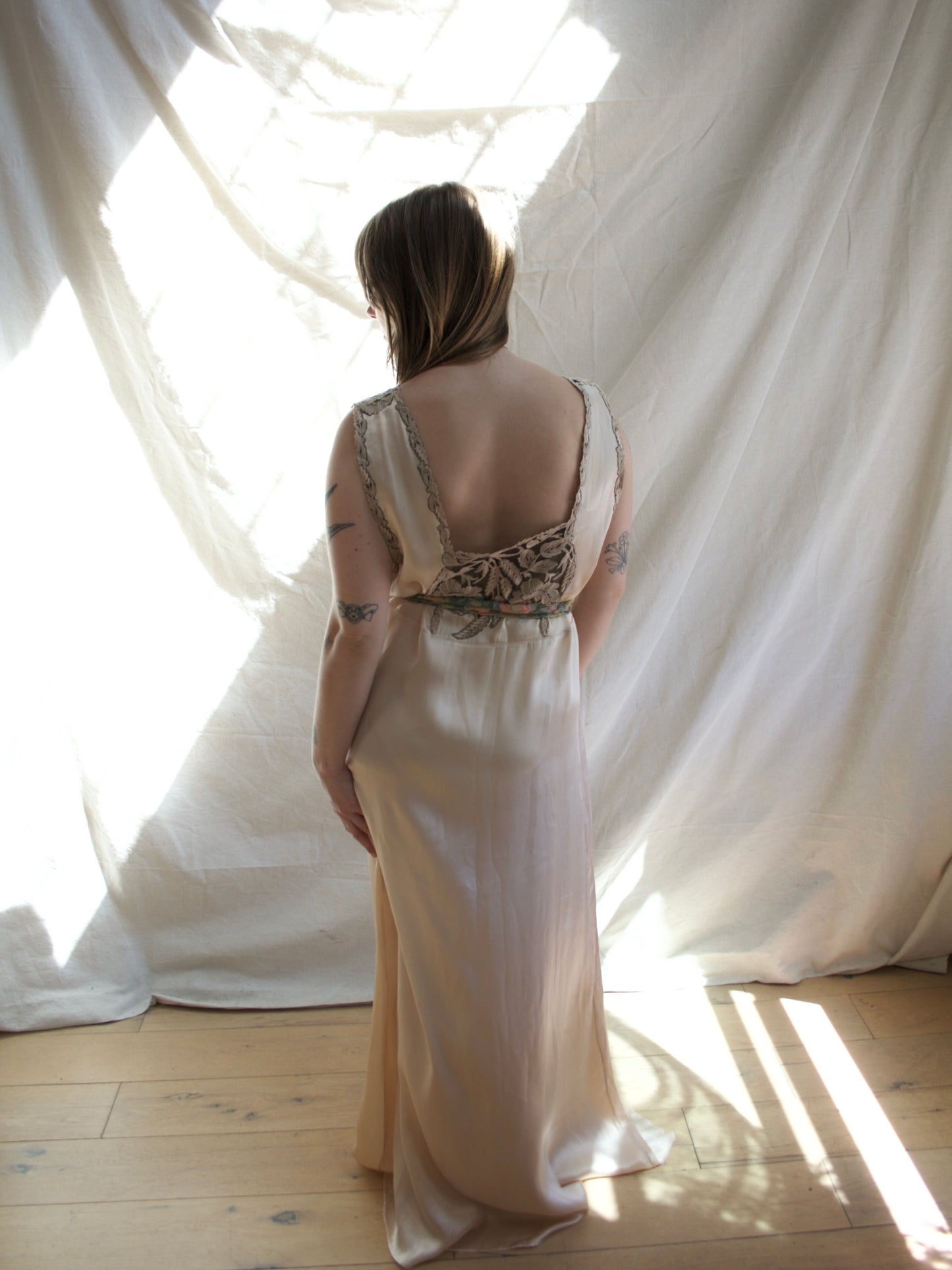 1930s Champagne Silk Inset Lace Low Back Slip Dress