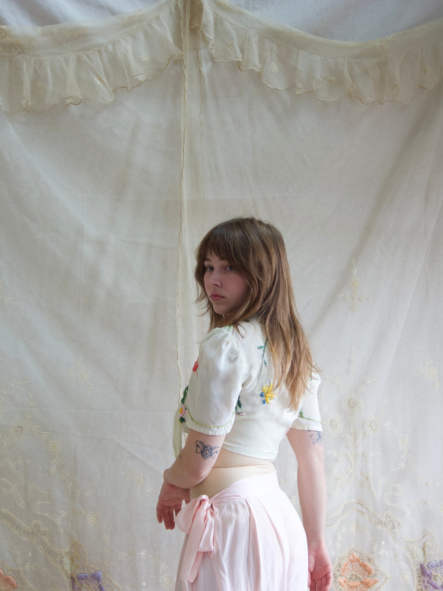 1940s Remade Piano Shawl Tie front Puff Sleeve Seafoam Blouse