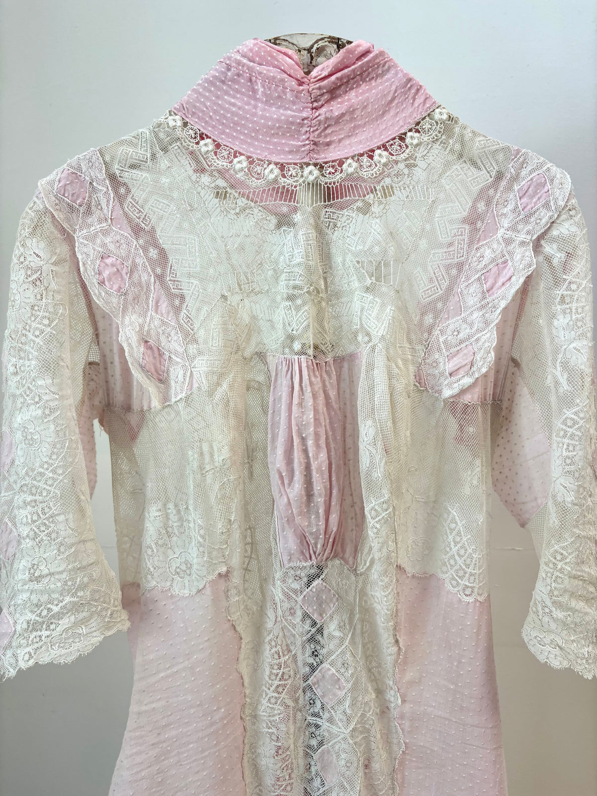Antique Edwardian Pink Swiss Dot Insertion Lace Tea Gown