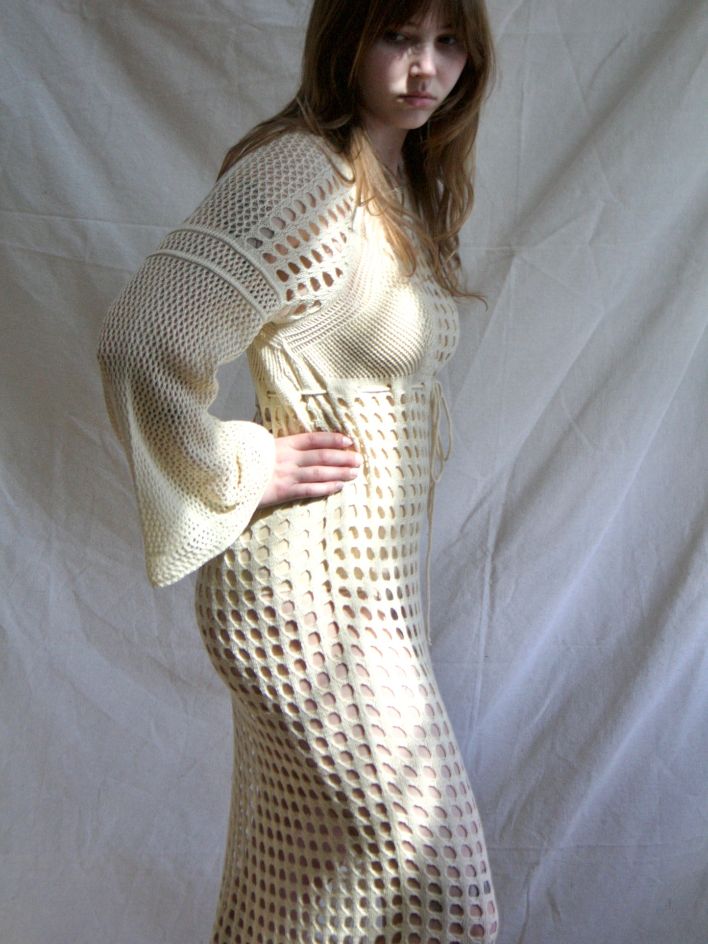 1970s Soft Cotton Bell Sleeve Open Knit Cover Up Dress