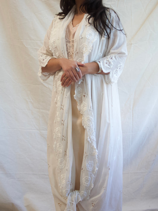 Antique Edwardian Hand Sewn Eyelet Cotton Duster Robe