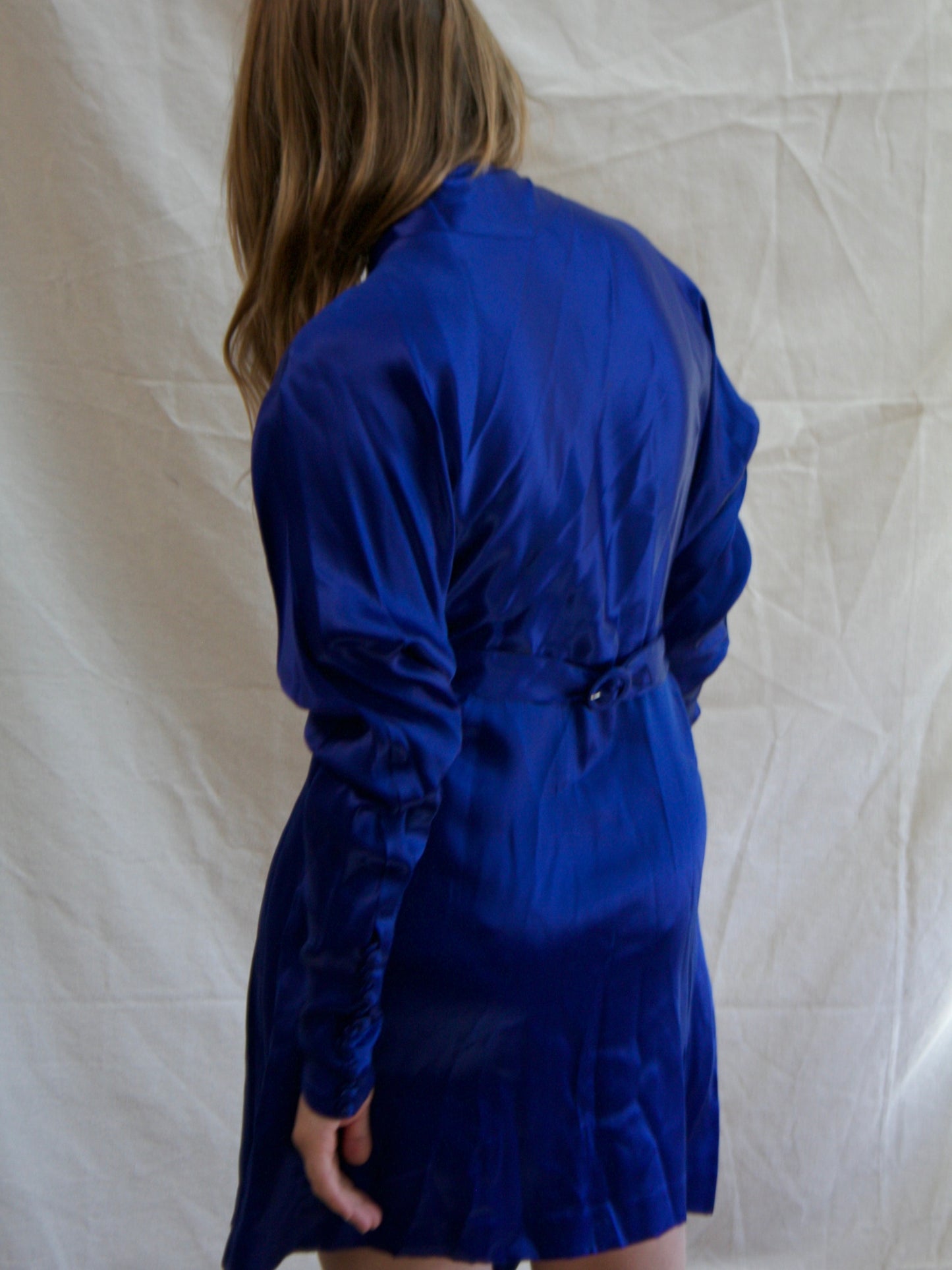 1930s Cobalt Crepe Back Satin Dolman Sleeve Tunic Length Evening Jacket