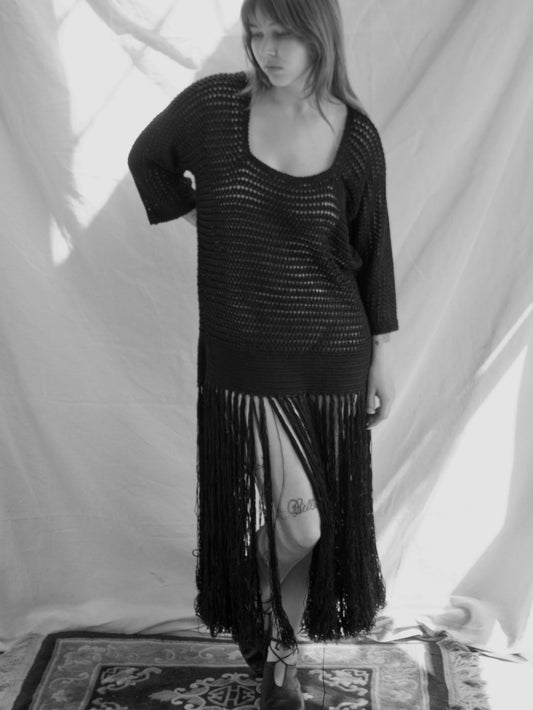 Antique 1920s Inky Black Rayon Knit Fringe Tunic Dress