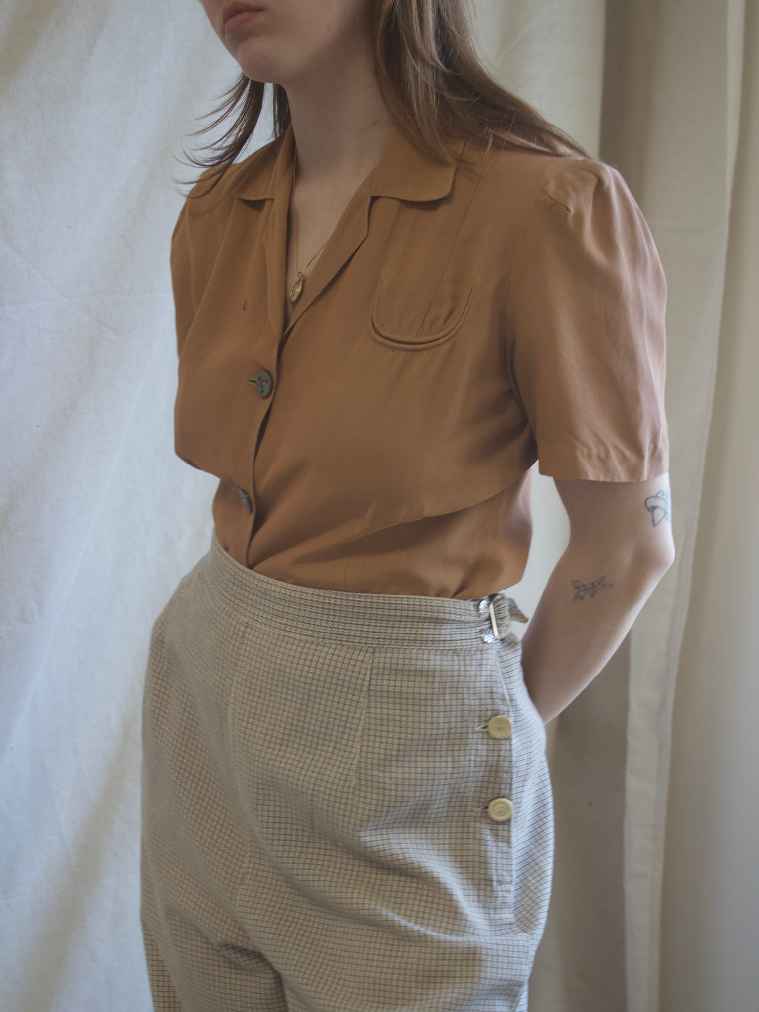 1940s Terracotta Puff Sleeve Rayon Sportswear Blouse