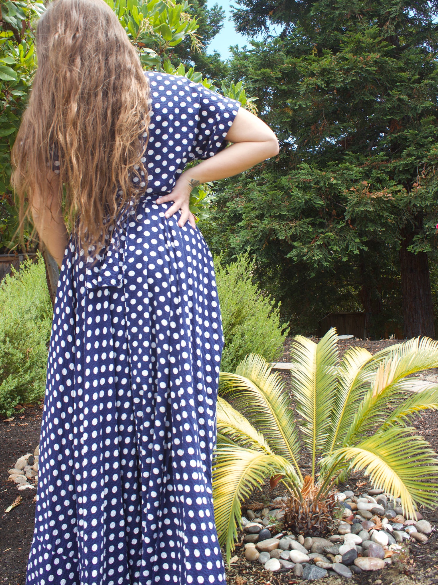 1940s Indigo Polka Dot Seersucker Zip Front House Dress