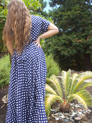 1940s Indigo Polka Dot Seersucker Zip Front House Dress