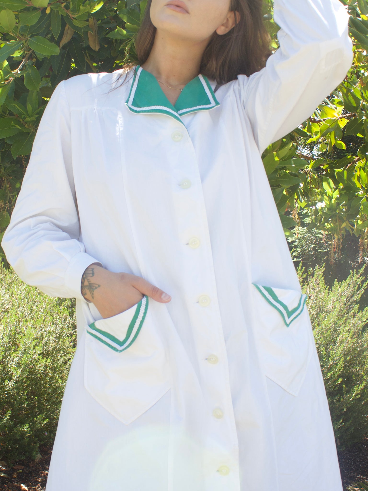 1940s Ivory & Green Accent Cotton Smock Blouse