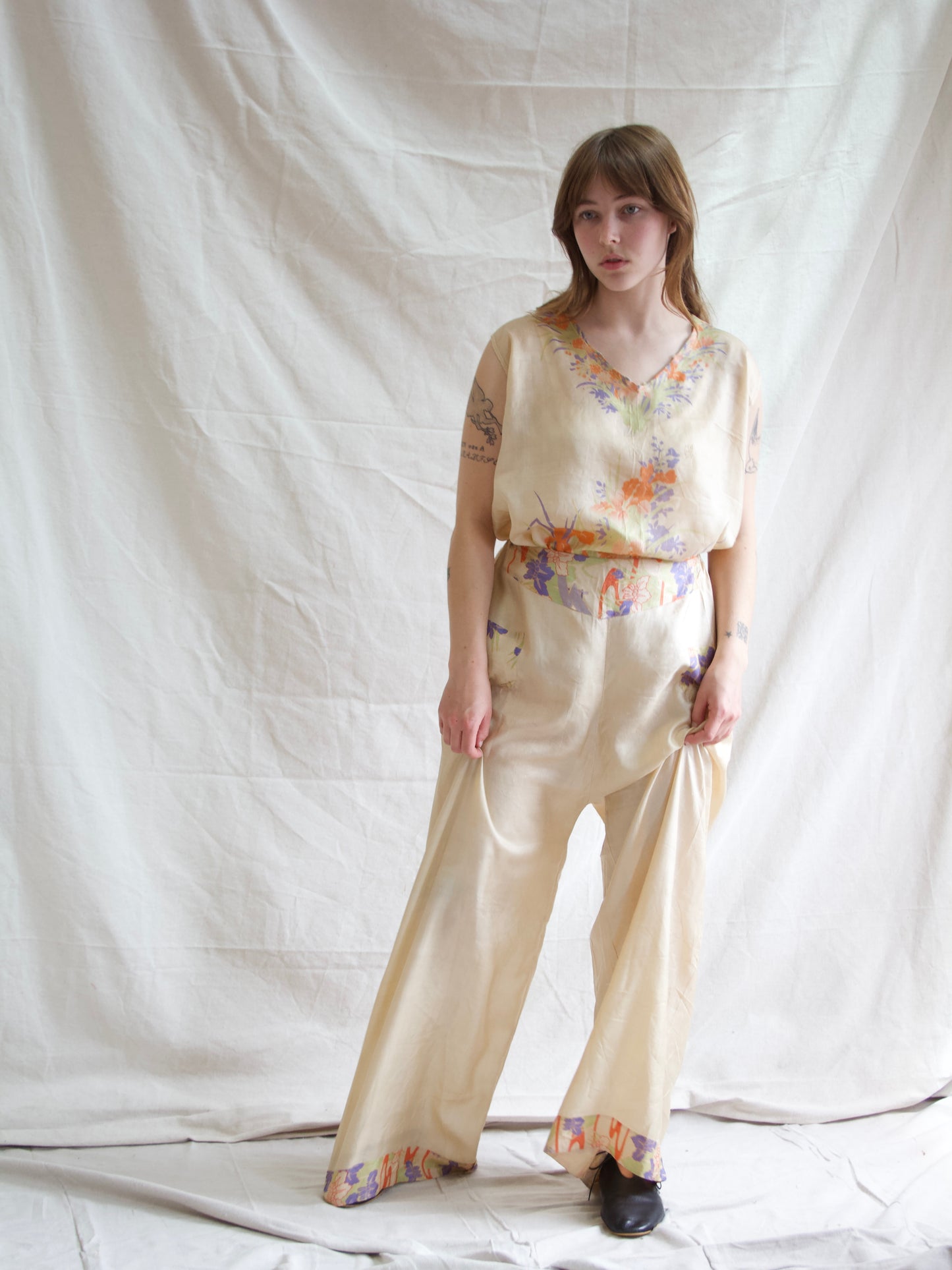 Antique 1920s/1930s Two PC Pongee Silk Palazzo Pant Lounge Set