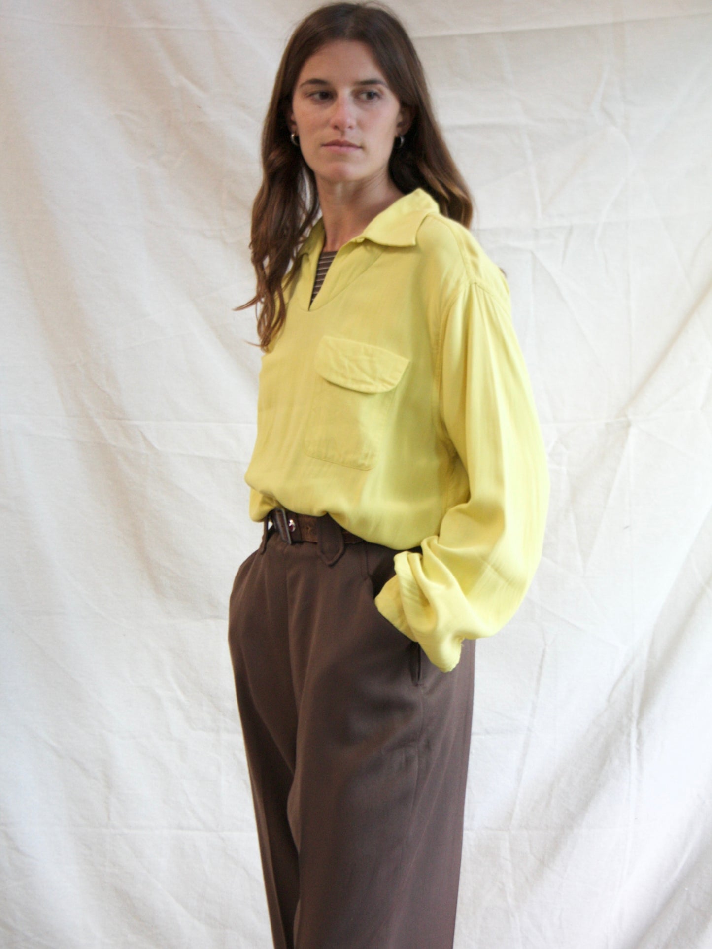 Rare 1950s Vibrant Chartreuse Smocked Gaucho Loop Collar Shirt