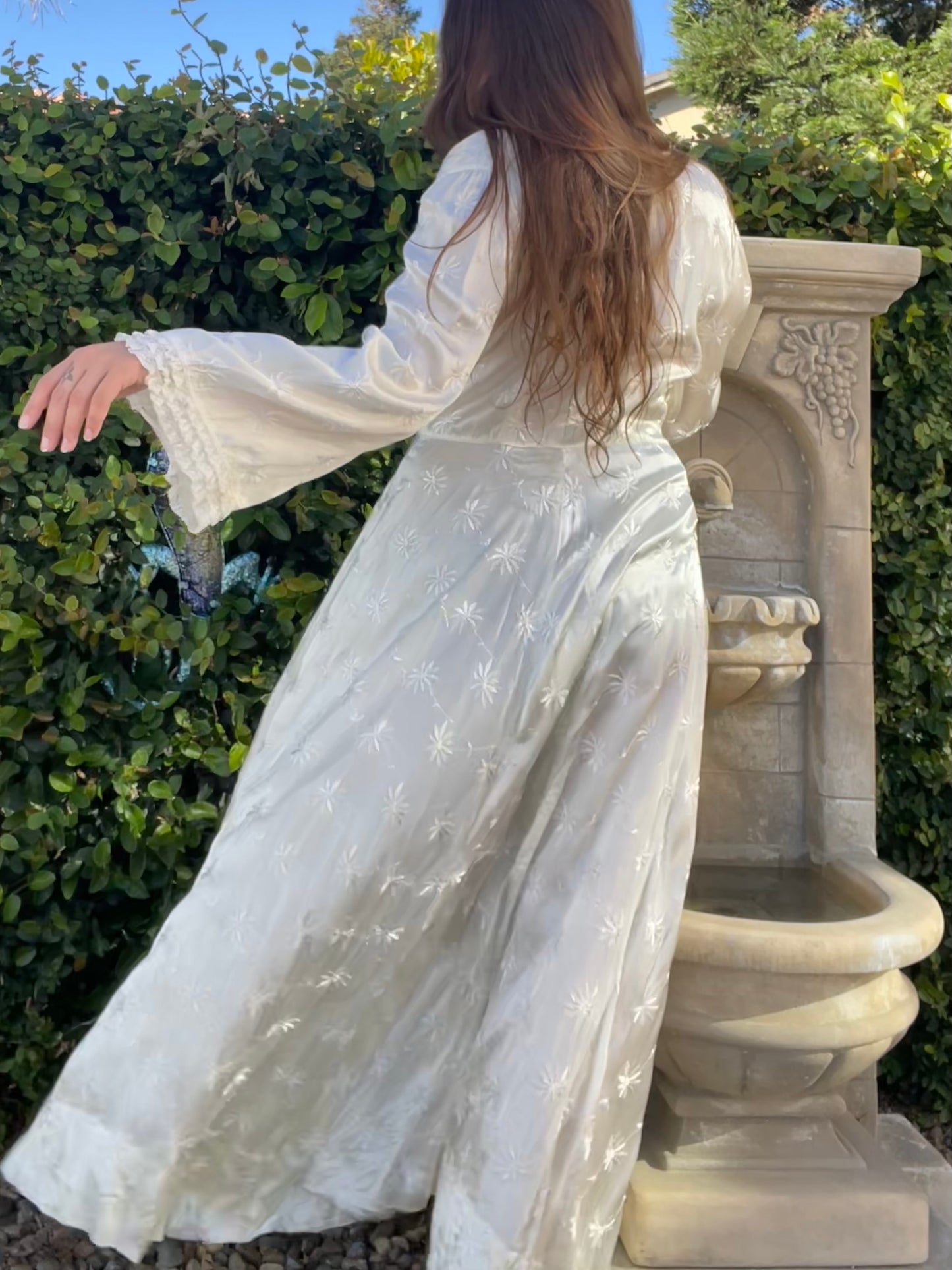 1940s Bridal Slipper Satin Bell Sleeve Embroidered Peignoir Dress