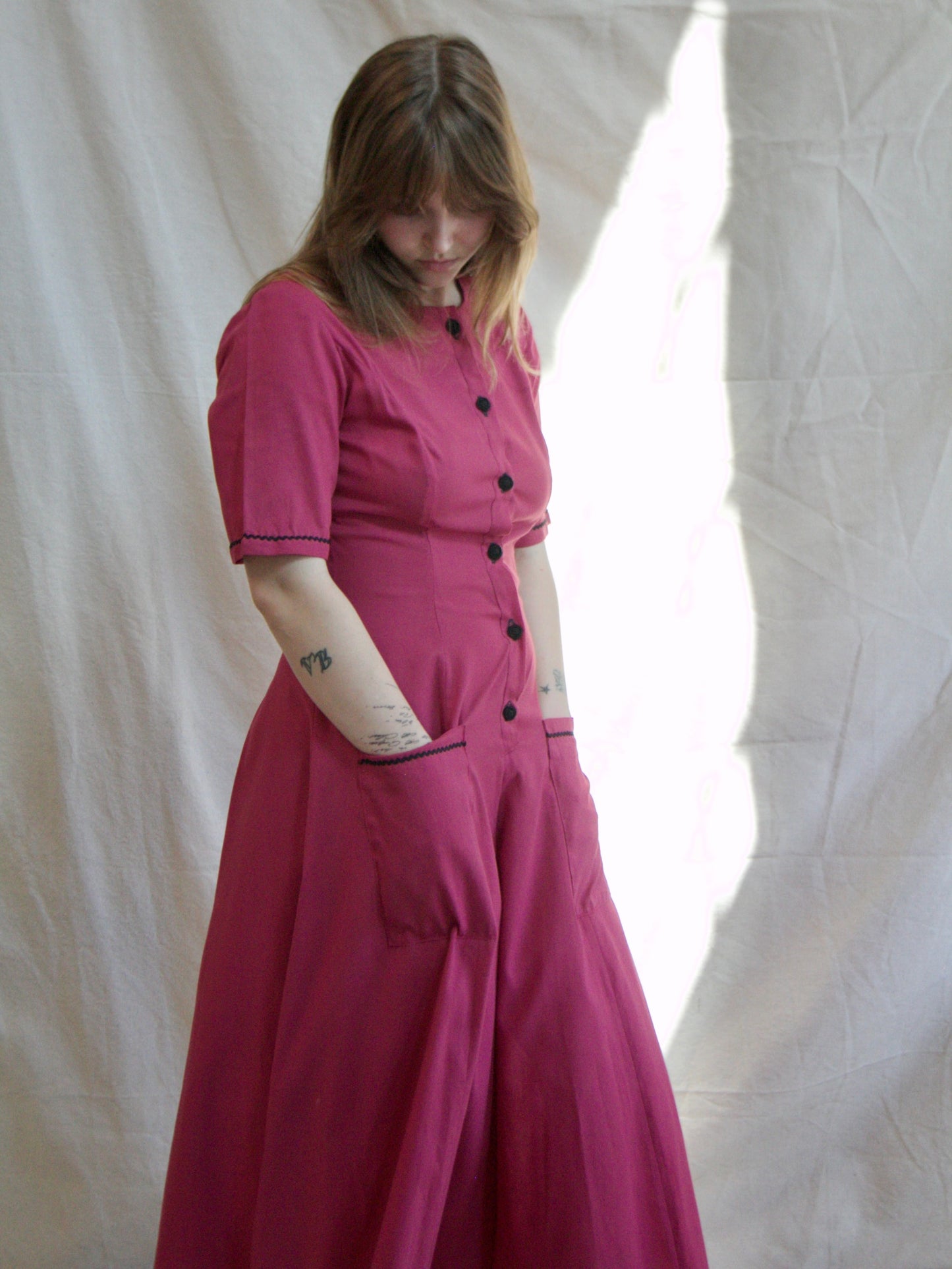 1940s Magenta Palazzo Pant Button Front Jumpsuit