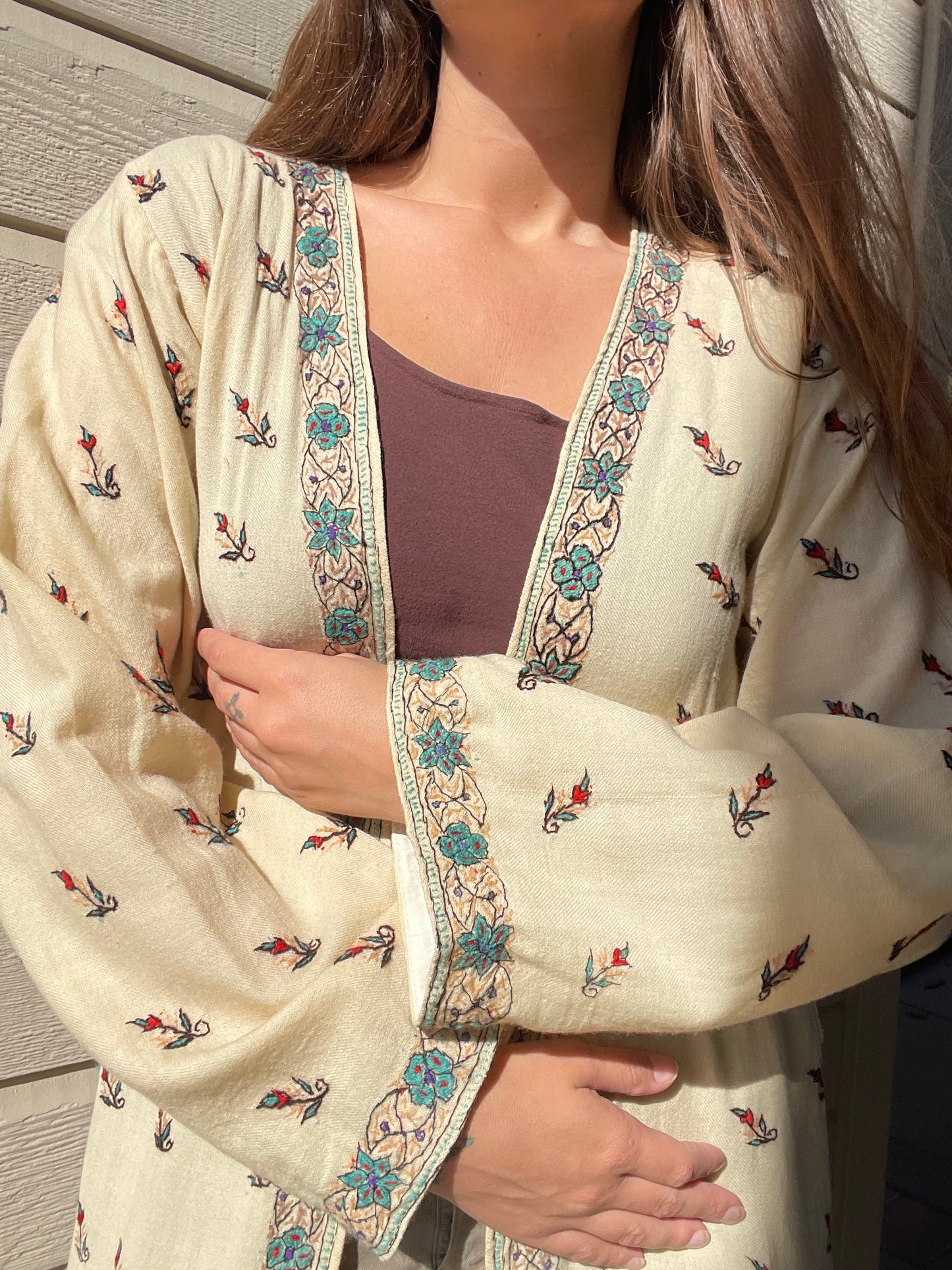 1930s Kashmiri Embroidered Floor Length Bell Sleeve Robe
