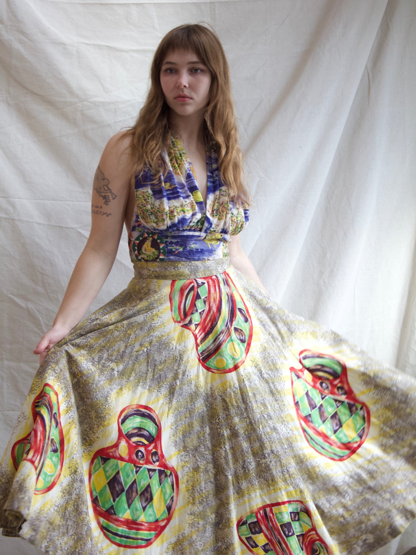 1950s Pottery Print Side Button Circle Skirt